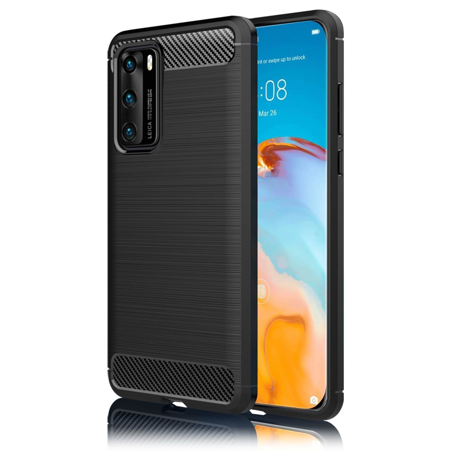 Nalia Smartphone-Hülle Huawei P40, Carbon Look Silikon Hülle / Matt Schwarz / Rutschfest / Karbon Optik