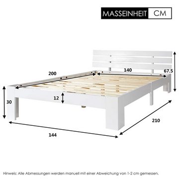 PHOEBE CAT Holzbett (Maasivholzbett Futonbett), Doppelbett mit Kopfteil und Lattenrost, 200x140 cm, aus Kiefer