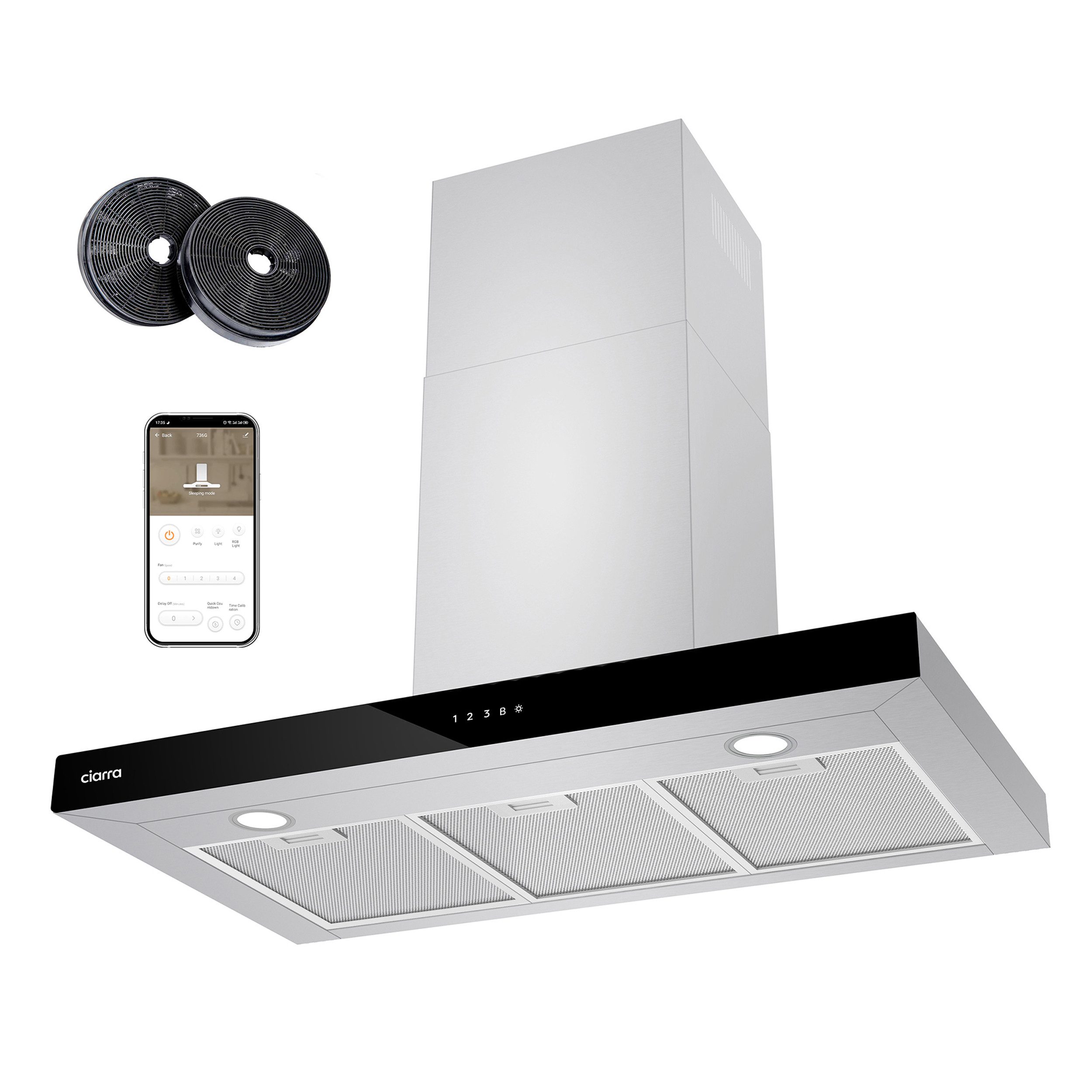 CIARRA Wandhaube 90 cm Dunstabzugshaube A+++ 709 m³/h Umluft & Abluft 4 Stufen CBCS9102 Aktivkohlefiltern, Fettfiltern, LED, WIFI-APP Touch Control mit BOOST