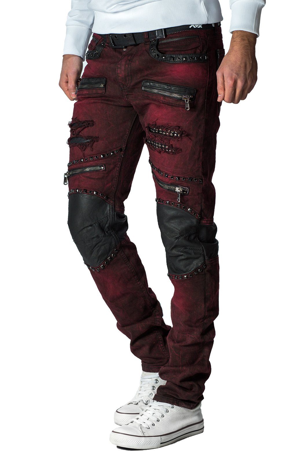 Cipo & Baxx Bikerjeans Herren slim fit Hose Stonewashed BA-CD481 Bordeaux W48/L32 mit Kunstleder Bereichen und Nieten