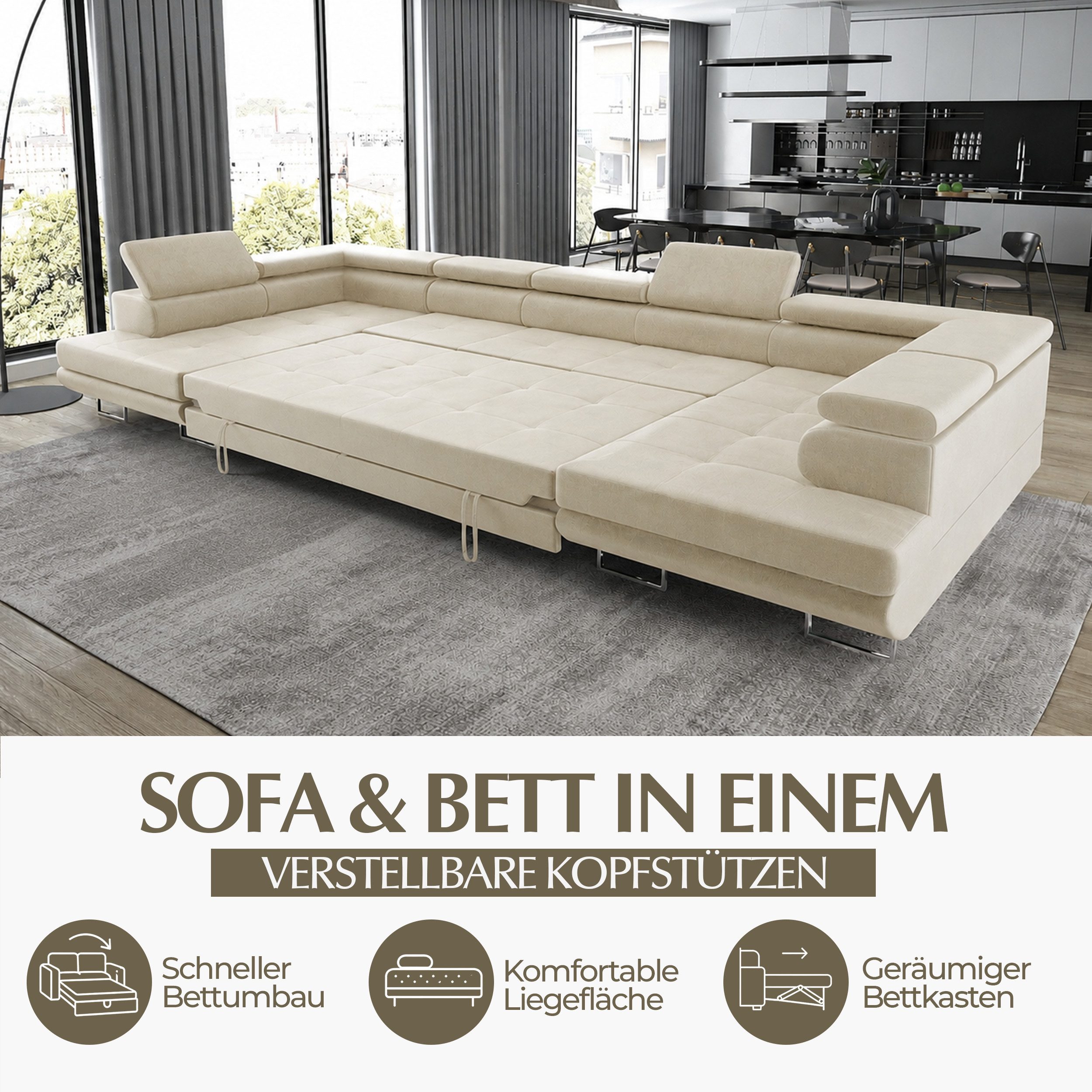 Goldstoff Wohnlandschaft "ASTON" U Form mit Schlaffunktion XXL Couch Sofa, Komfortable U Form Couch mit Bettkasten und Schlaffunktion 1 Teile, U Form Sofa mit B – Bild 4 von 5