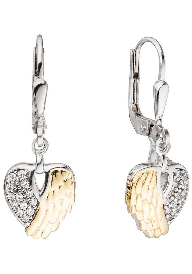 JOBO Paar Ohrhänger Herz Flügel, 925 Silber bicolor mit Zirkonia