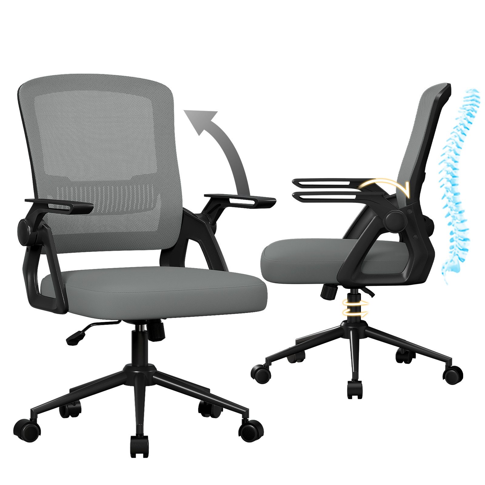 ZAISZE Bürostuhl Ergonomischer Bürostuhl mit Mesh-Rückenlehne und Lendenstütze (Verstellbarer Armlehnen, Atmungsaktiv, Höhenverstellbarer Schreibtischstuhl mit 90° Klappbaren Armlehnen), Verlängerte und Verbreiterte Rückenlehne, Drehstuhl fürs Homeoffice