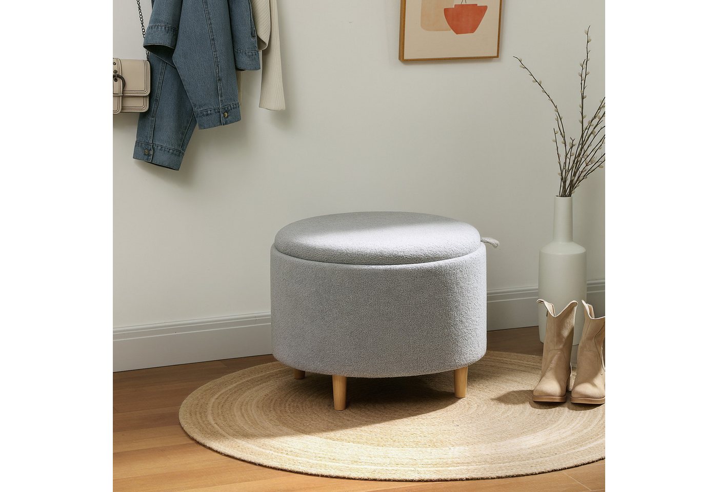 HOMCOM Sitzhocker Ottomane mit Stauraum, rund, modern, Klappdeckel und Holzbeinen (Hocker, 1 St., Polsterhocker), für Wohnzimmer, Schlafzimmer, Grau, Ø56 x 42 cm