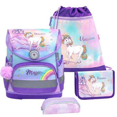 Belmil Schulranzen Compact 2024, Regenbogen Einhorn, 4tlg. Set ab 1. Klasse, Einschulung, für Mädchen