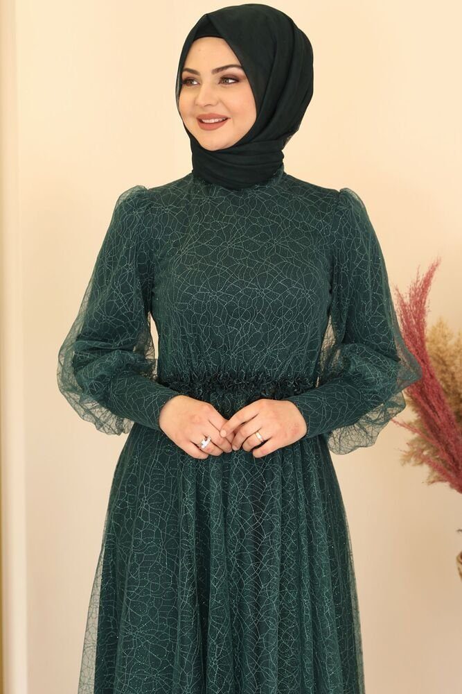 Modavitrini Abendkleid silbriges Tüllkleid Abaya Hijab Abiye Smaragd-Grün Maxikleid Kleid langärmliges