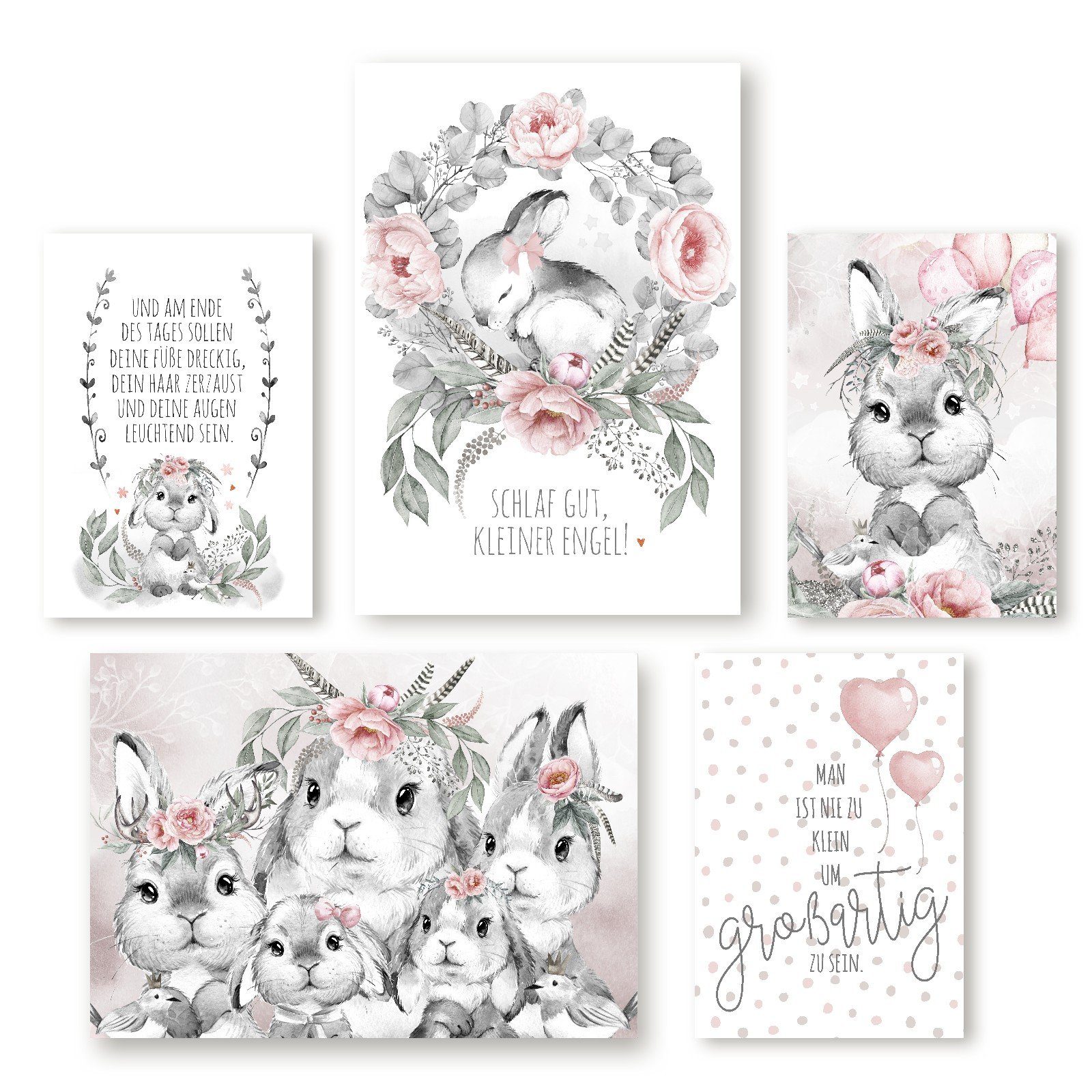 homestyle-accessoires Poster Bilderset SCHLAF SCHÖN KLEINER ENGEL - HASEN BUNNY Kinderbilder Nursery DIN A3/A4 Prints --- VERSANDKOSTENFREI ---, (5 St), Ohne Bilderrahmen