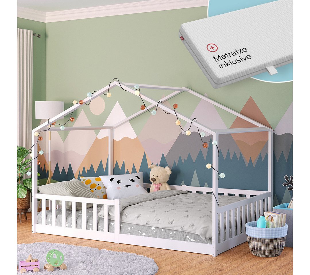 Bellabino Hausbett Kinderbett Bia mit Lattenrost (weiß, mit Matratze), Bodenbett mit Rausfallschutz, verfügbar in 80x160 & 90/120/140x200 cm