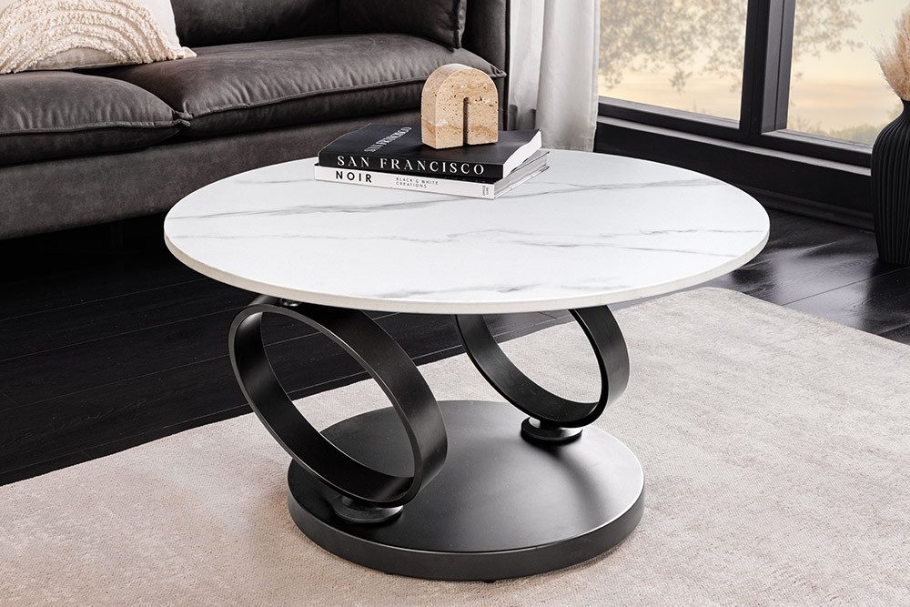 riess-ambiente Couchtisch DANCING RINGS weiß/schwarz - rund, Marmor-Design, Keramik, drehbar (Einzelartikel, 1-St), mit 2 Ebenen & Drehmechanismus – ideal für W – Bild 5 von 5
