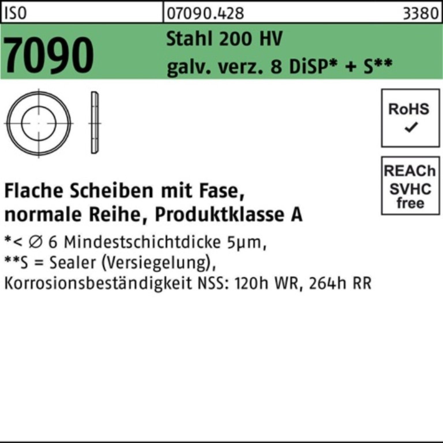 Reyher Unterlegscheibe 100er Pack Unterlegscheibe ISO 7090 Fase 36 Stahl 200 HV galv.verz.+S