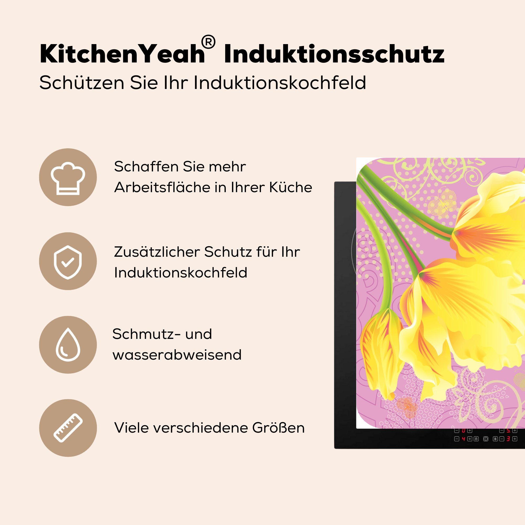 Schutz für die Eine Ceranfeldabdeckung Illustration MuchoWow Tulpen gelben auf tlg), 81x52 (1 Induktionskochfeld cm, rosa von Vinyl, einem Hintergrund, Herdblende-/Abdeckplatte küche,