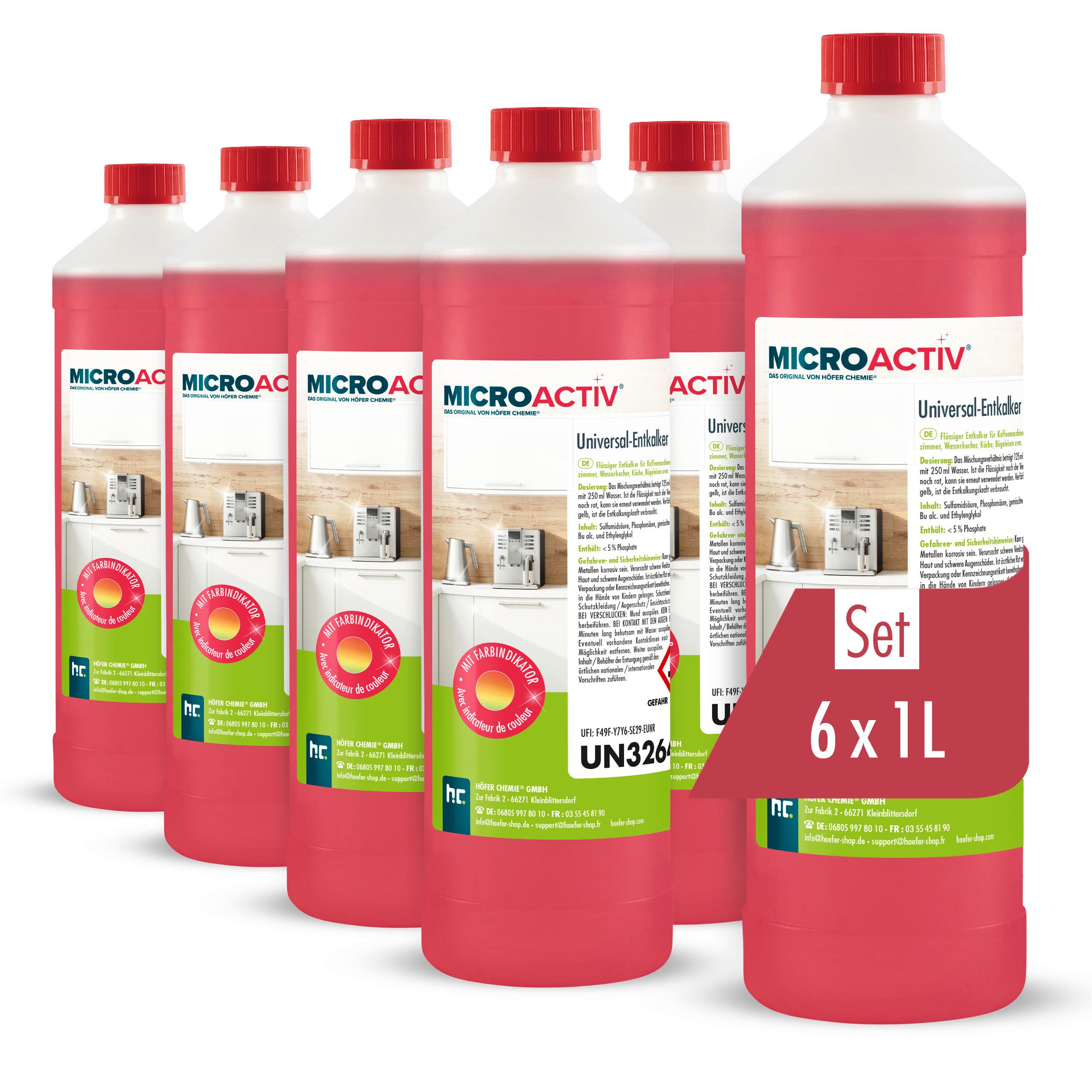 Höfer Chemie GmbH 6x 1 L Microactiv® Universal Entkalker mit Farbindikator Grundreiniger (Löst Kalk, Farbwechsel zeigt Wirkung an)