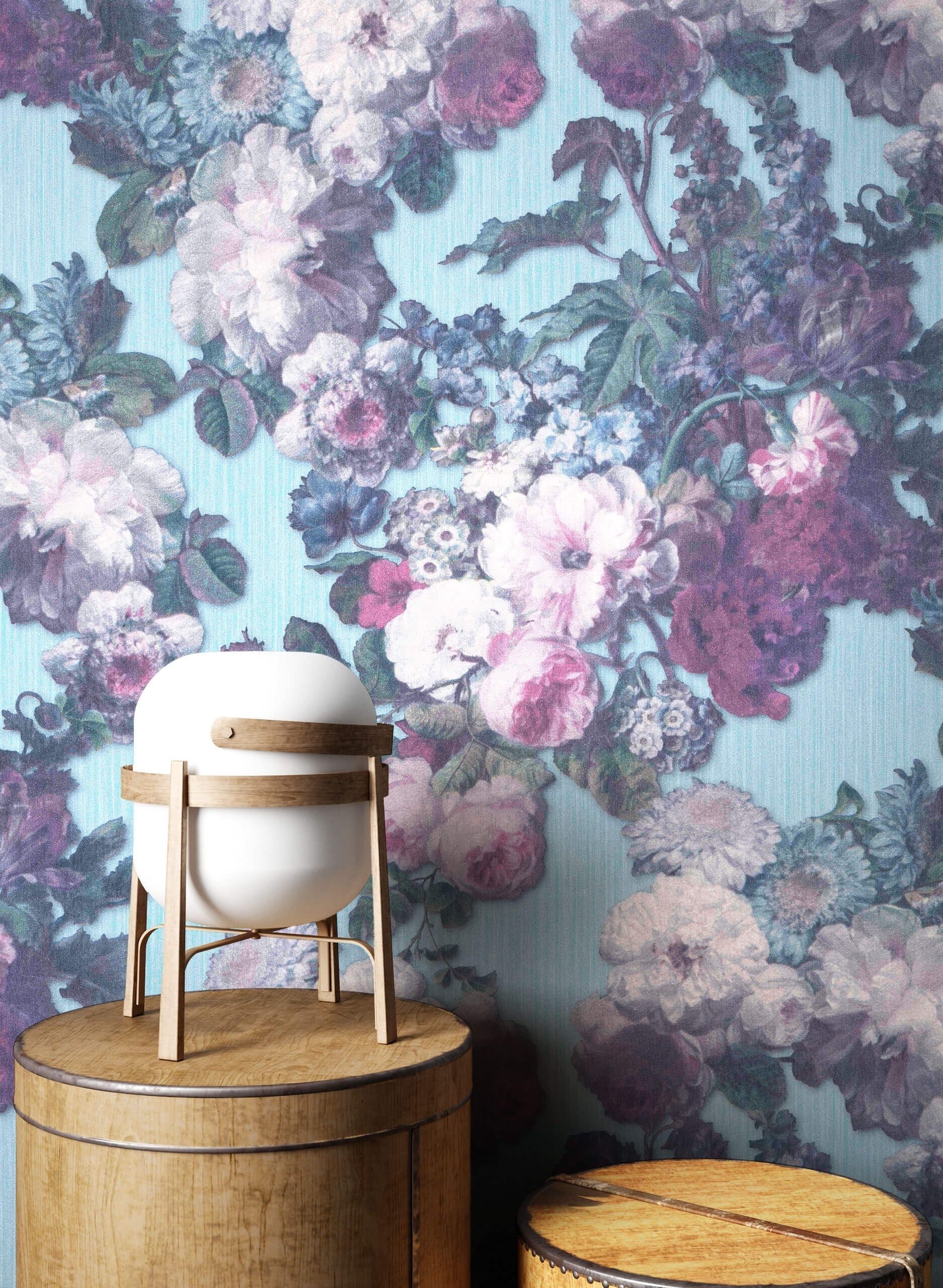 Newroom Vliestapete Celia Tapete Blumentapete Blumen,Rosen, Blau Tapete Floral Blumen - Blumentapete Rosentapete Bunt Vintage Modern Rosen für Wohnzimmer Schlafzimmer Küche, Rosentapete