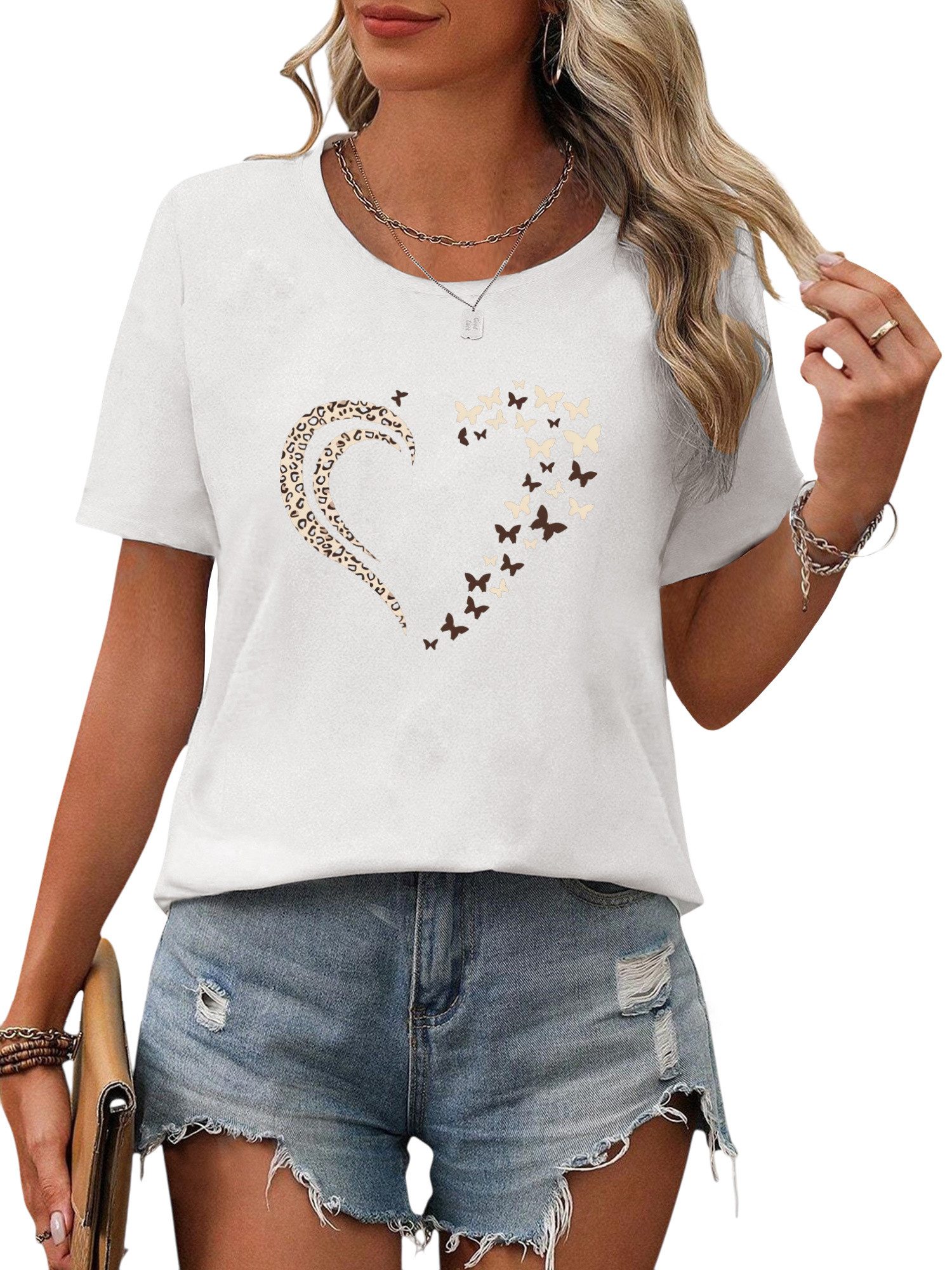 PYLIKE Kurzarmbluse Damen Sommer Casual Kurzarmbluse Locker Liebe Print-Shi günstig online kaufen