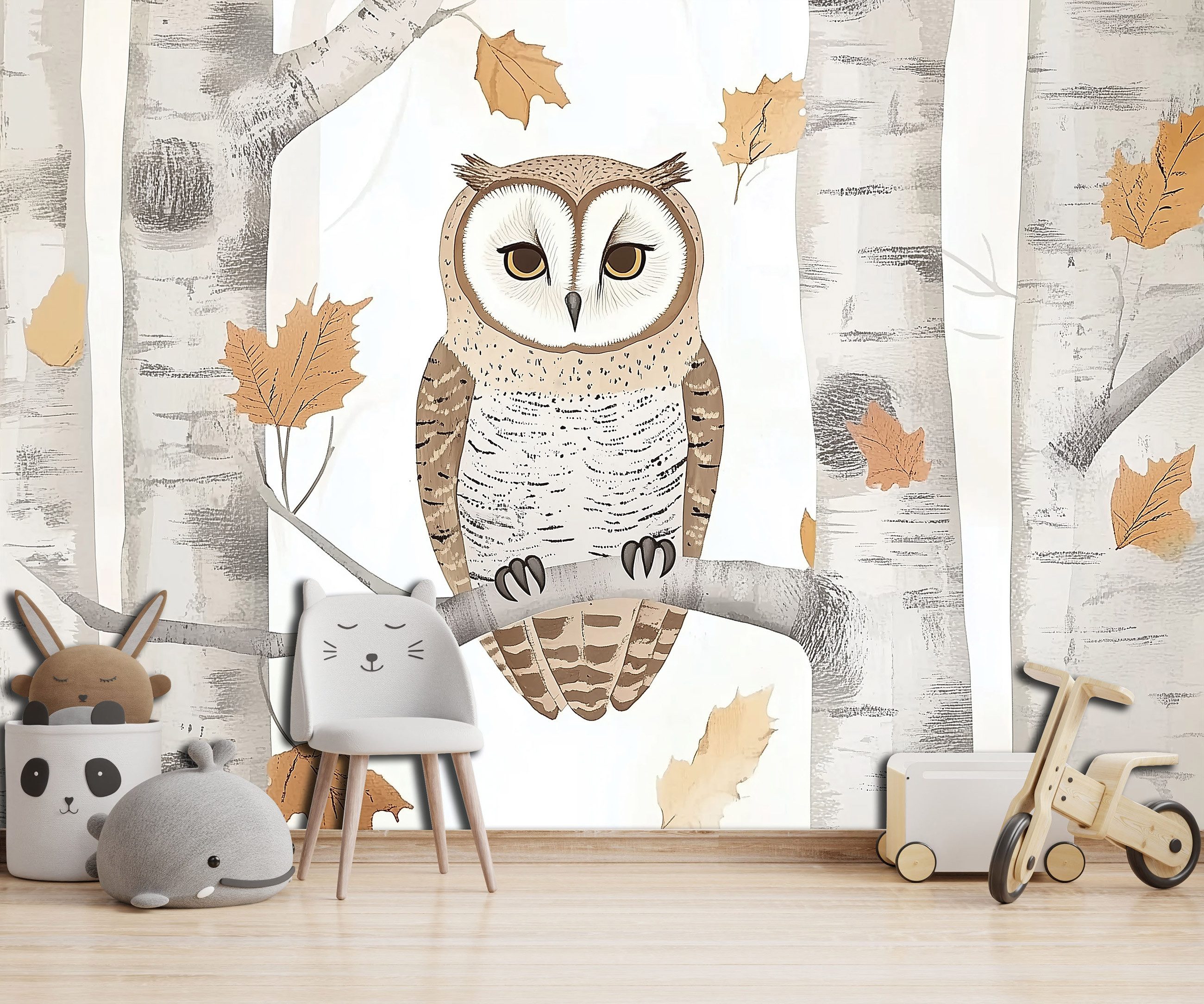 Wallarena Fototapete Kinderzimmer Eule Wald Tiere Kinder Vlies Tapete Wandtapete, Glatt Vlies Washable, Eule, Tiere, Birke, Tier, Kinder, (Packung, 2 St., Vlies Fototapete), Vliestapete beige Kinderzimmer Tapete + Kleister Motivtapete