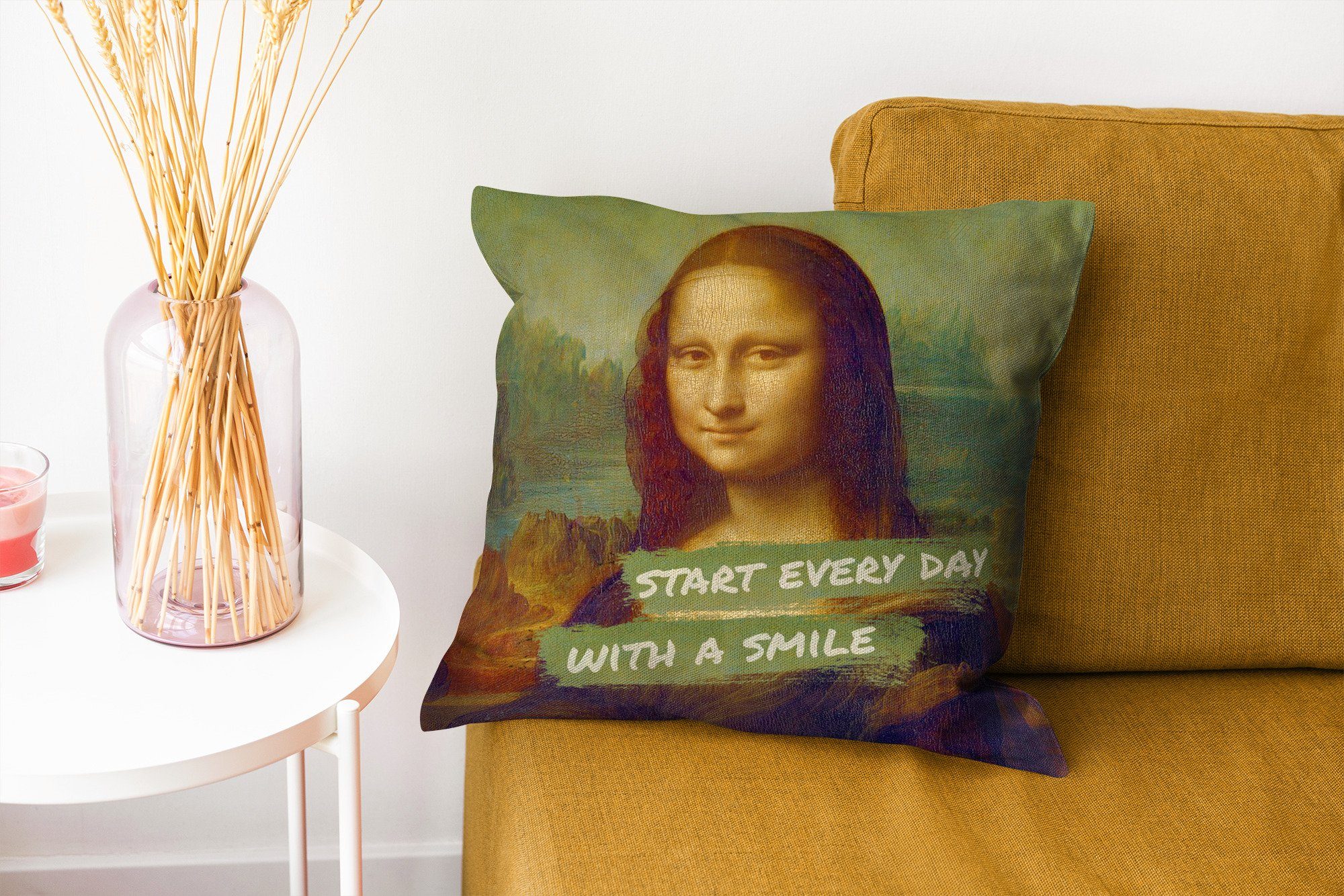 MuchoWow Dekokissen Mona Lisa - Wohzimmer, Sofakissen Da - Zierkissen Schlafzimmer, mit Deko, Füllung Vinci, Zitat für