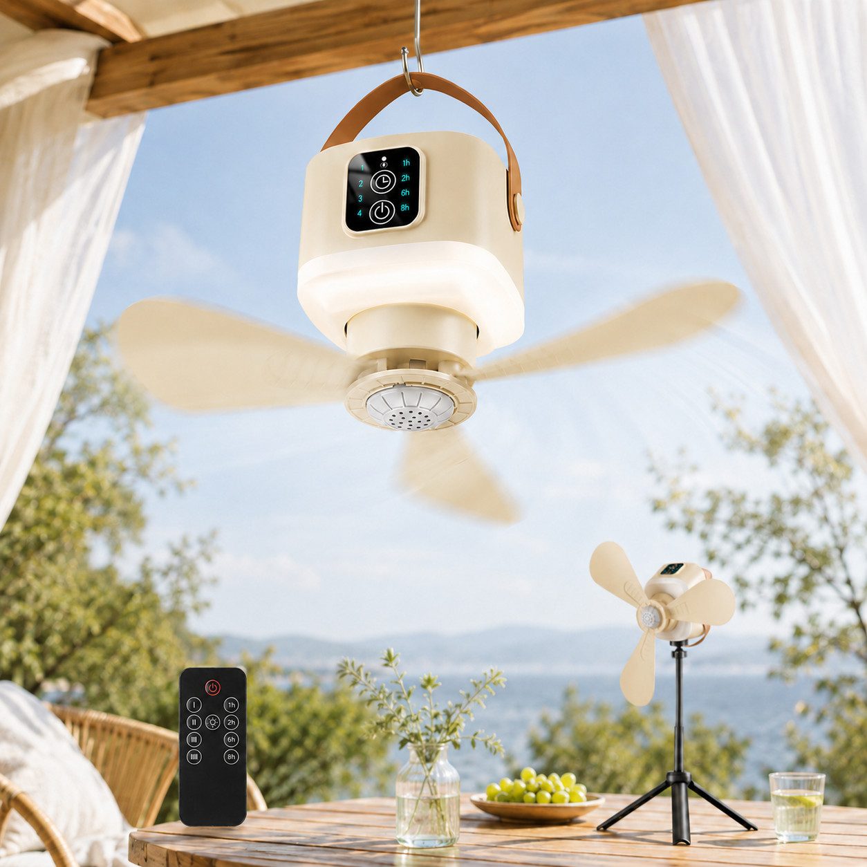 Lapamax Deckenventilator 24 cm Akku-Deckenventilator mit Licht, 7200 mAh, Standfuß, 8 W, beige, Camping-Ventilator mit 4 Stufen, Fernbedienung und 1–8-h-Timer, mobil