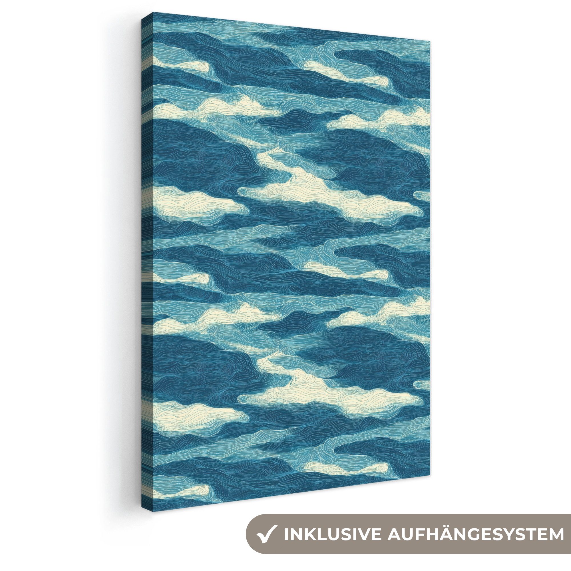 OneMillionCanvasses® Leinwandbild Wellen - Abstrakt - Muster - Blau - Weiß, Fotodruck (1 St), Leinwand Canvas Wandbild, Wanddekoration 20x30 cm