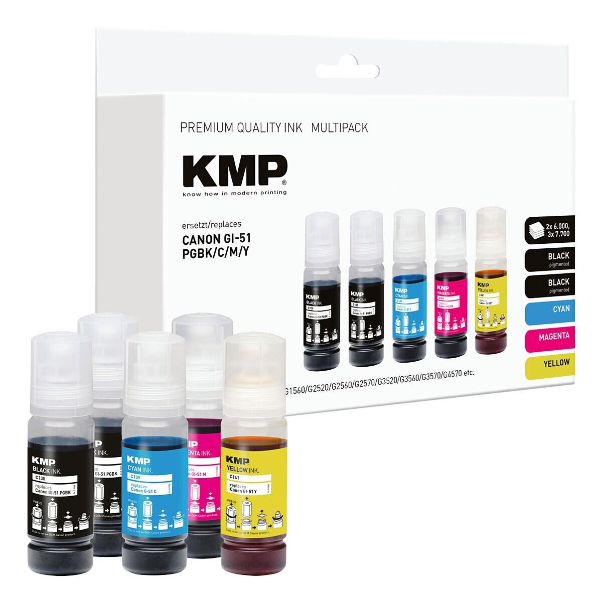 KMP GI-51 PGBK / C / M / Y Tintenpatrone (Set, 5-tlg., Nachfülltinte ersetzt Canon GI-51 PGBK / C / M / Y)