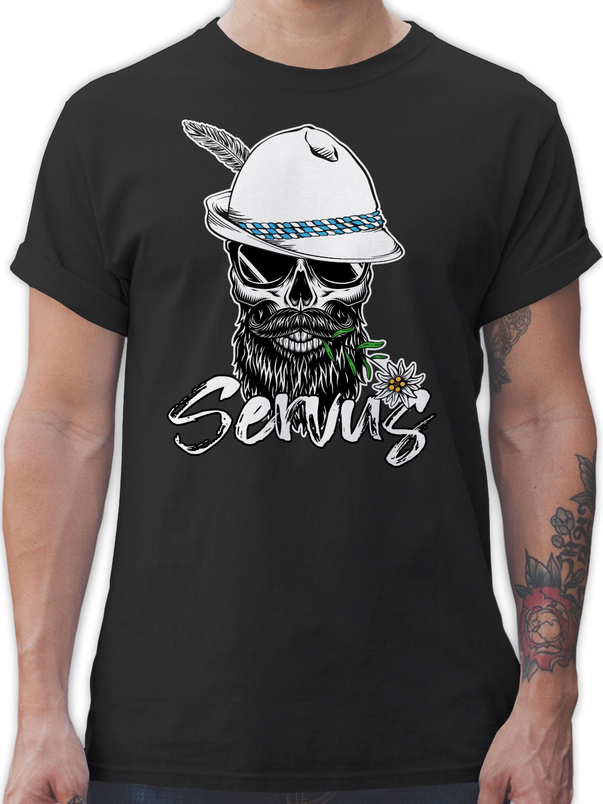 Shirtracer T-Shirt Servus Totenkopf Skull Bayrisch Mode für Oktoberfest Herren 01 Schwarz