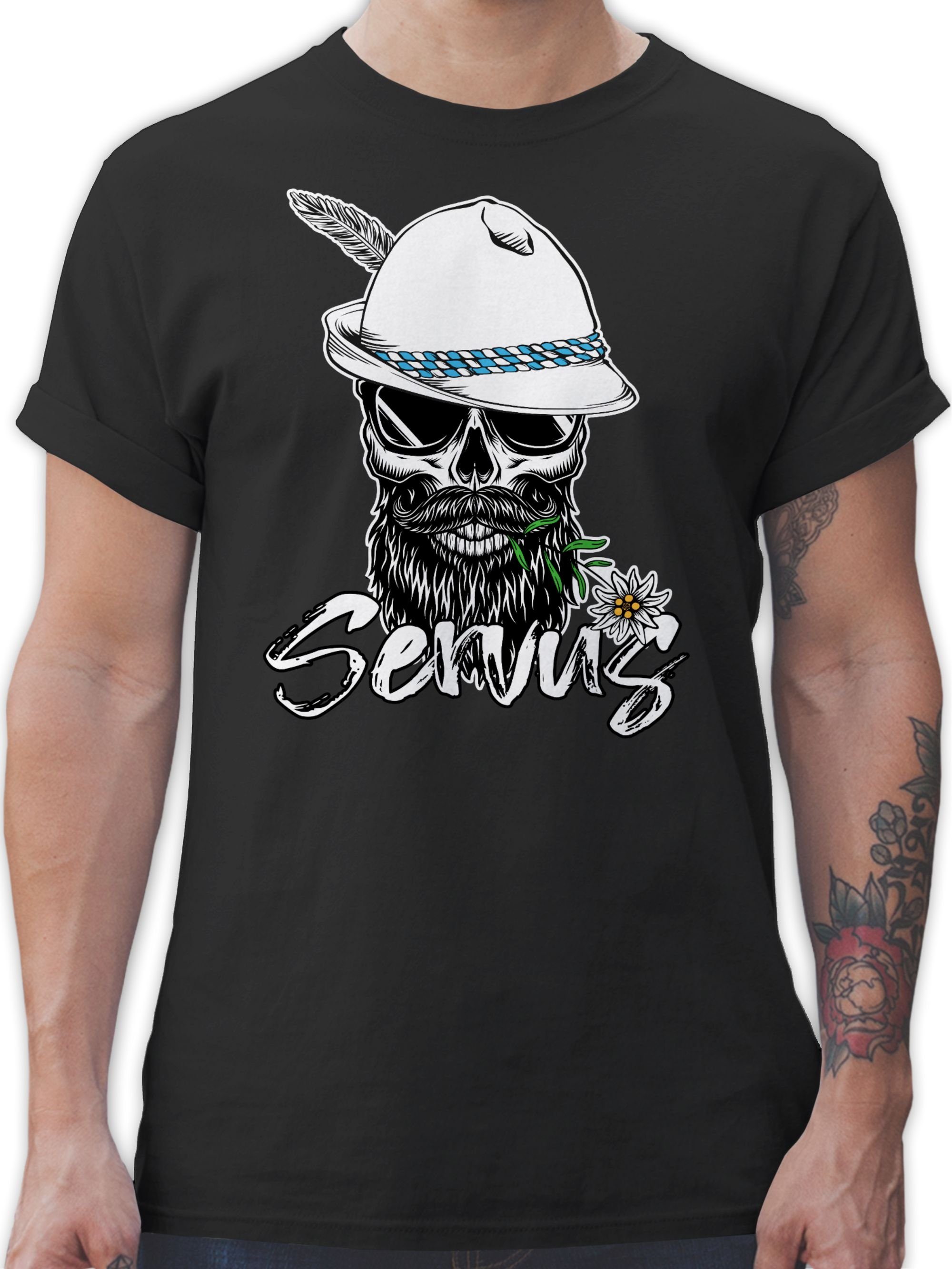 Shirtracer T-Shirt Servus Totenkopf Skull 01 Mode Schwarz Oktoberfest Bayrisch für Herren