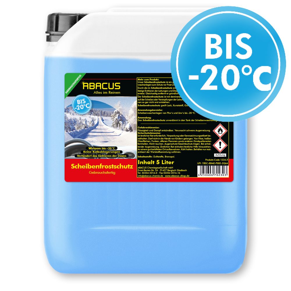 ABACUS Scheibenfrostschutz Scheibenfrostschutz -20 C Frostschutzmittel gebrauchsfertig, 5 l, Sicher für alle Materialien, Lacke & Dichtungen, Schützt vor Verkalkung, Reinigt ohne zu schmieren