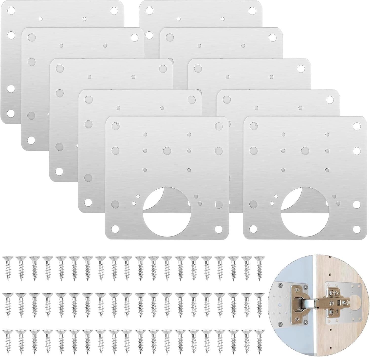 Zengi Möbelbeschlag Scharnier-Reparaturplatten Edelstahl 304 9×9 cm Schranktüren Möbel (Set, 10 St., mit 60 Schrauben), Rostfrei, stabil, zur Verstärkung beschädigter Schrankscharniere