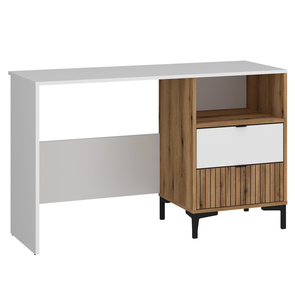 Lomadox Schreibtisch RISBY-129, weiß mit Eiche günstig online kaufen