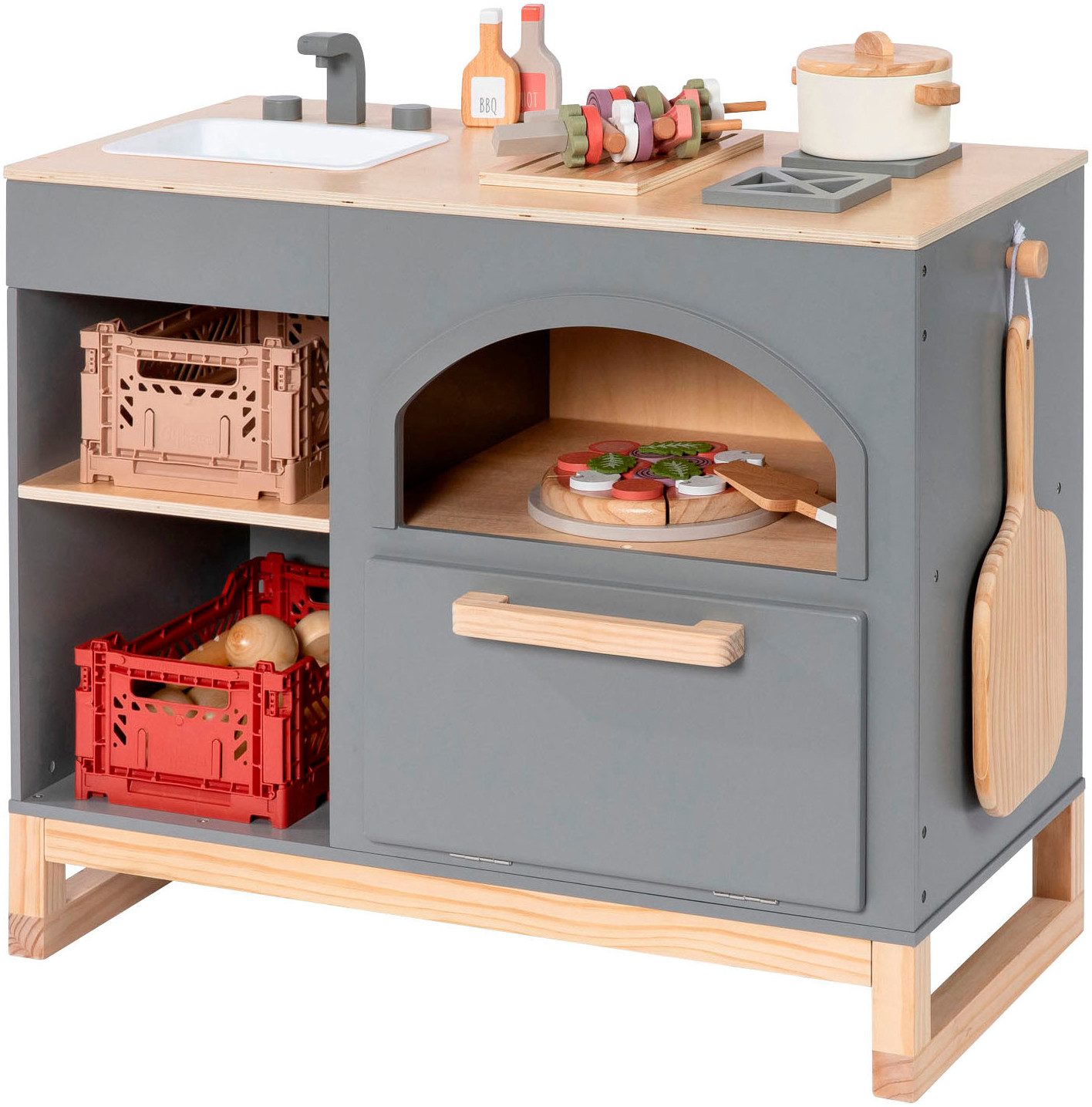 MUSTERKIND® Spielküche Taxus, dunkelgrau/natur Holz, FSC® - schützt Wald