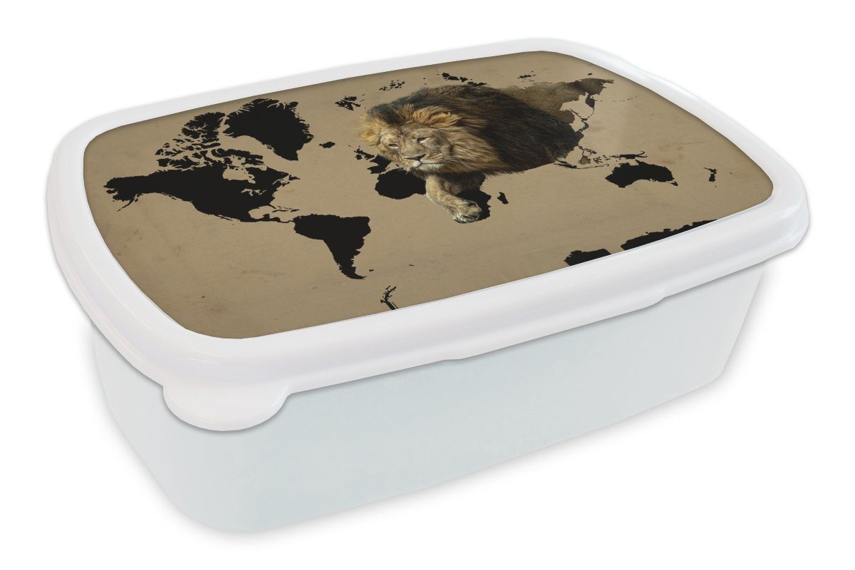 MuchoWow Lunchbox Weltkarte und für Brotdose, Schwarz - Kunststoff, für weiß Brotbox (2-tlg), Mädchen Erwachsene, - Kinder Löwe, Jungs und