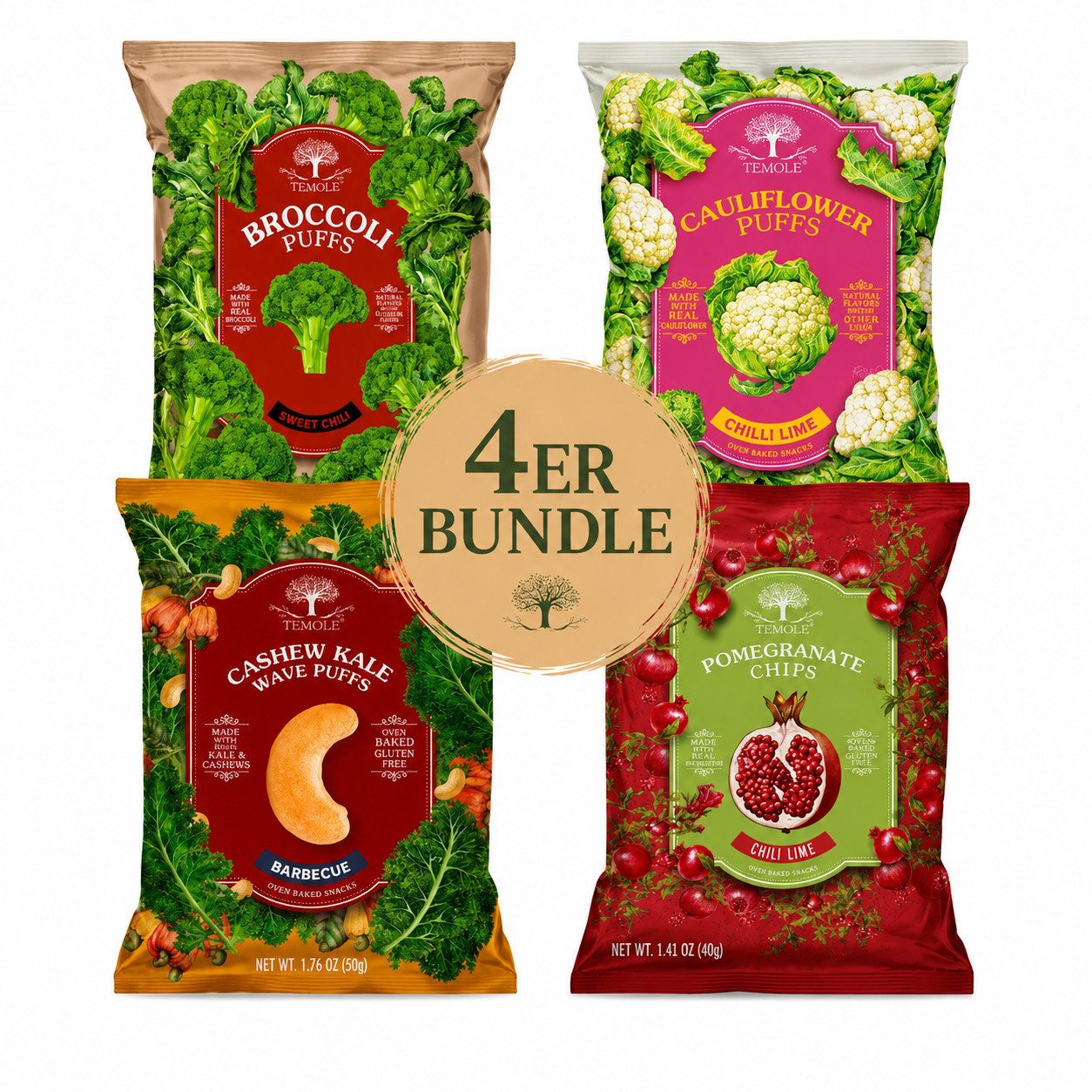 Candy & Bar Knabberei Temole Gemüse- & Fruchtchips 4er Set – 4 Sorten, 202 g