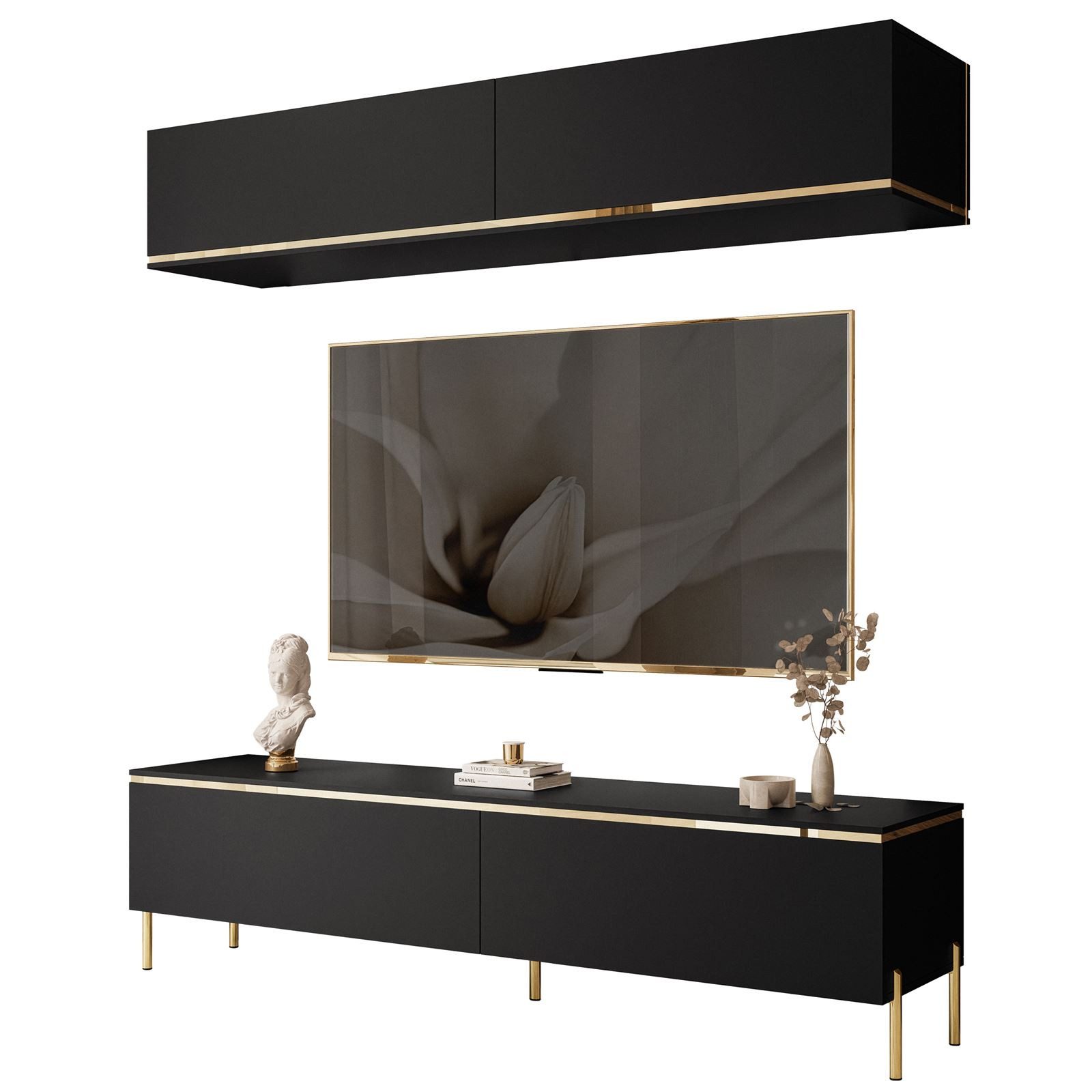Lookway Wohnwand AURORA II schwarz matt auf Beinen, Fronten in Matt