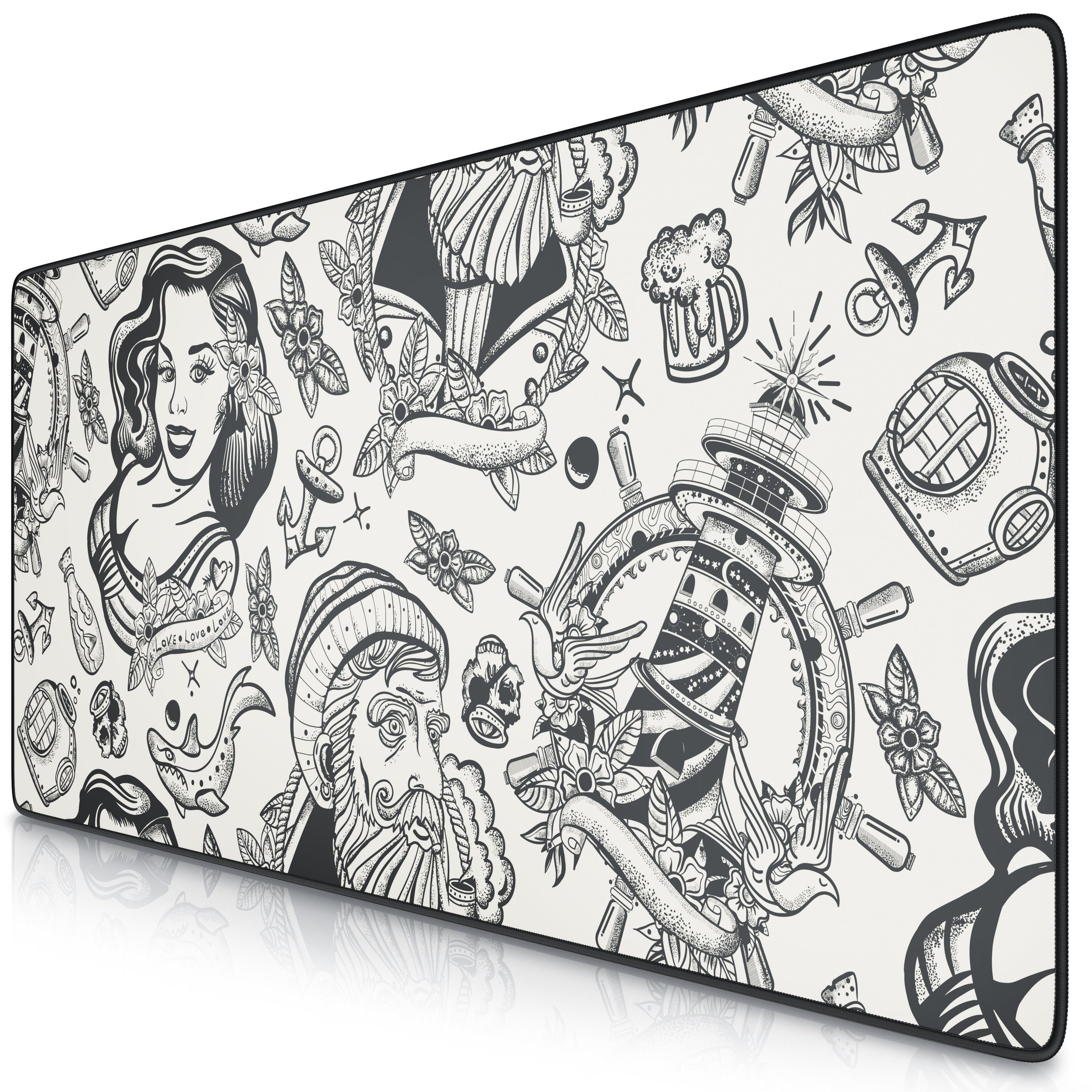 Titanwolf Gaming Mauspad XXL Speed Mousepad 900 x 400 x 3 mm, große Tischunterlage (1-St), rutschfest, abwaschbar, Geschwindigkeit & Präzision, Sailor Tattoo