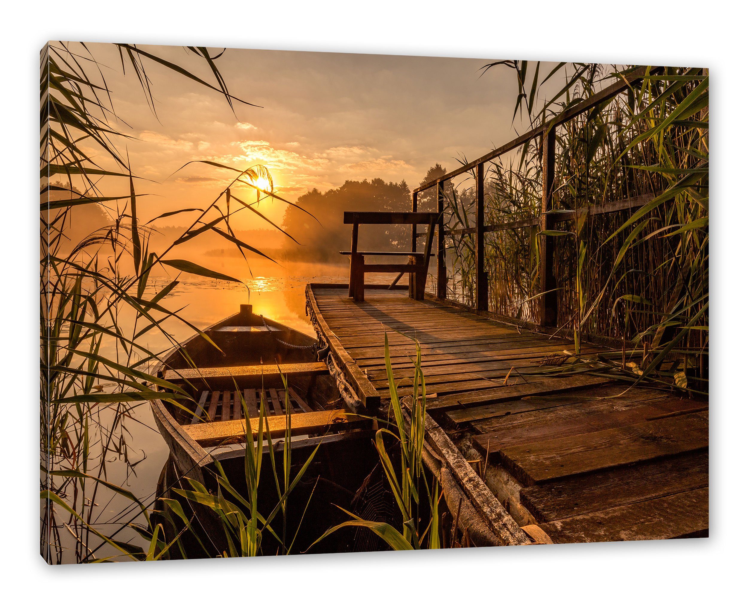 Leinwandbild Bootssteg am See bei Sonnenuntergang
