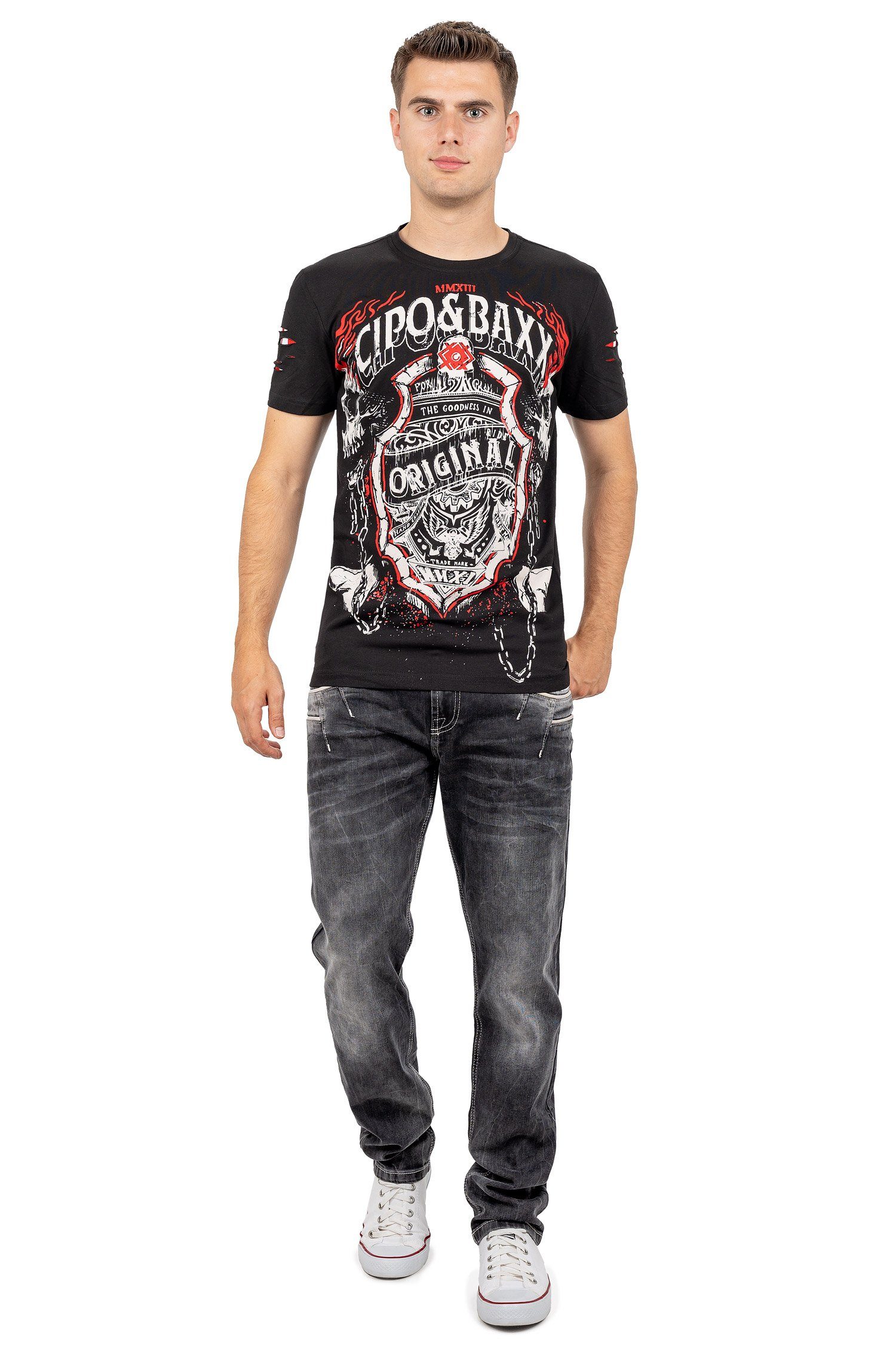 Cipo & Baxx Print-Shirt Ghost BA-CT772 Totenkopf im (1-tlg) Kurzarm Style mit Extravagantes schwarz Rider T-Shirt