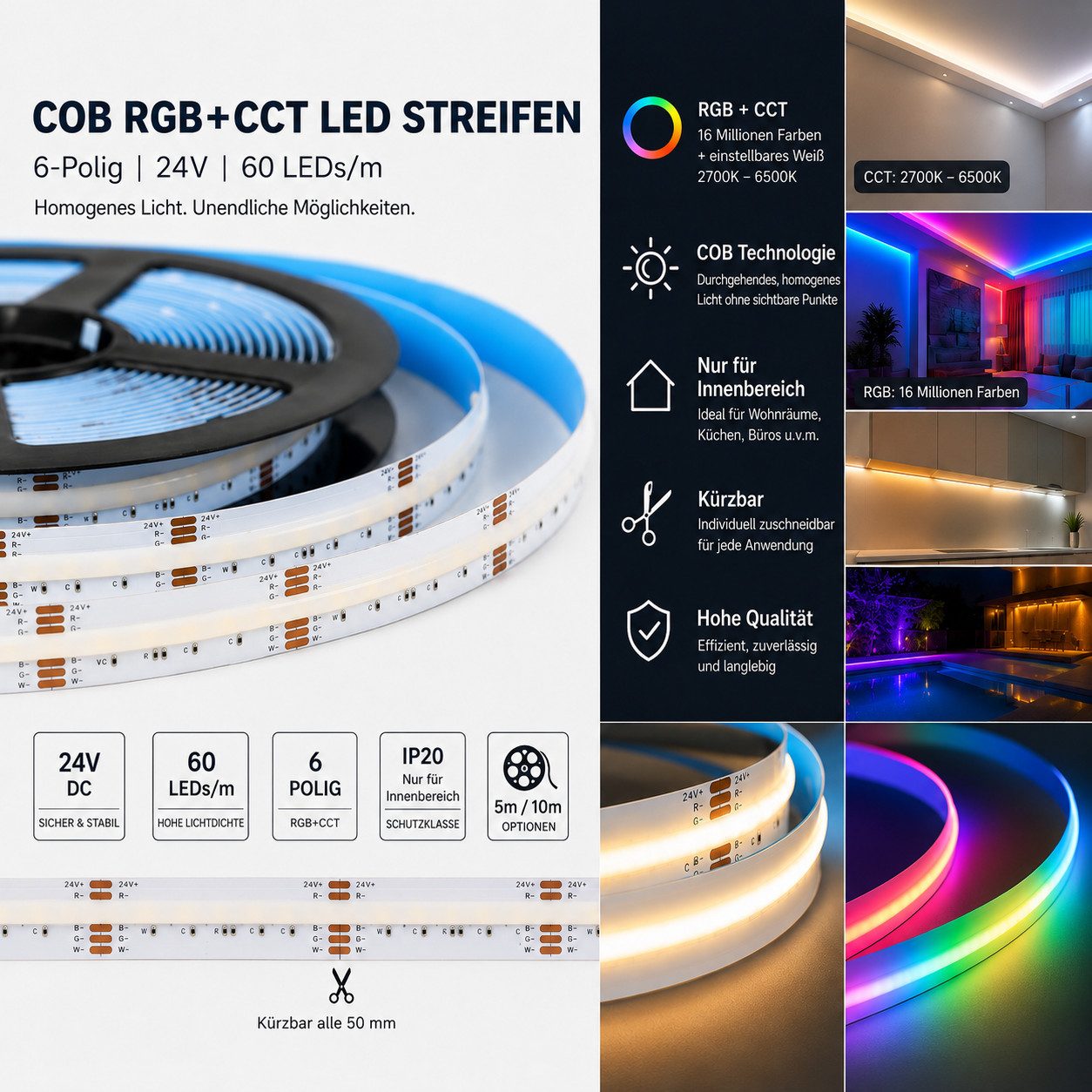GTV LED Stripe 24V COB RGB+CCT LED Strip Punktfreie Durchgehende Farbwechsel dimmbar, COB-Lichtlinie alle 5 cm kürzbar Set inkl. Touch-Fernbedienung