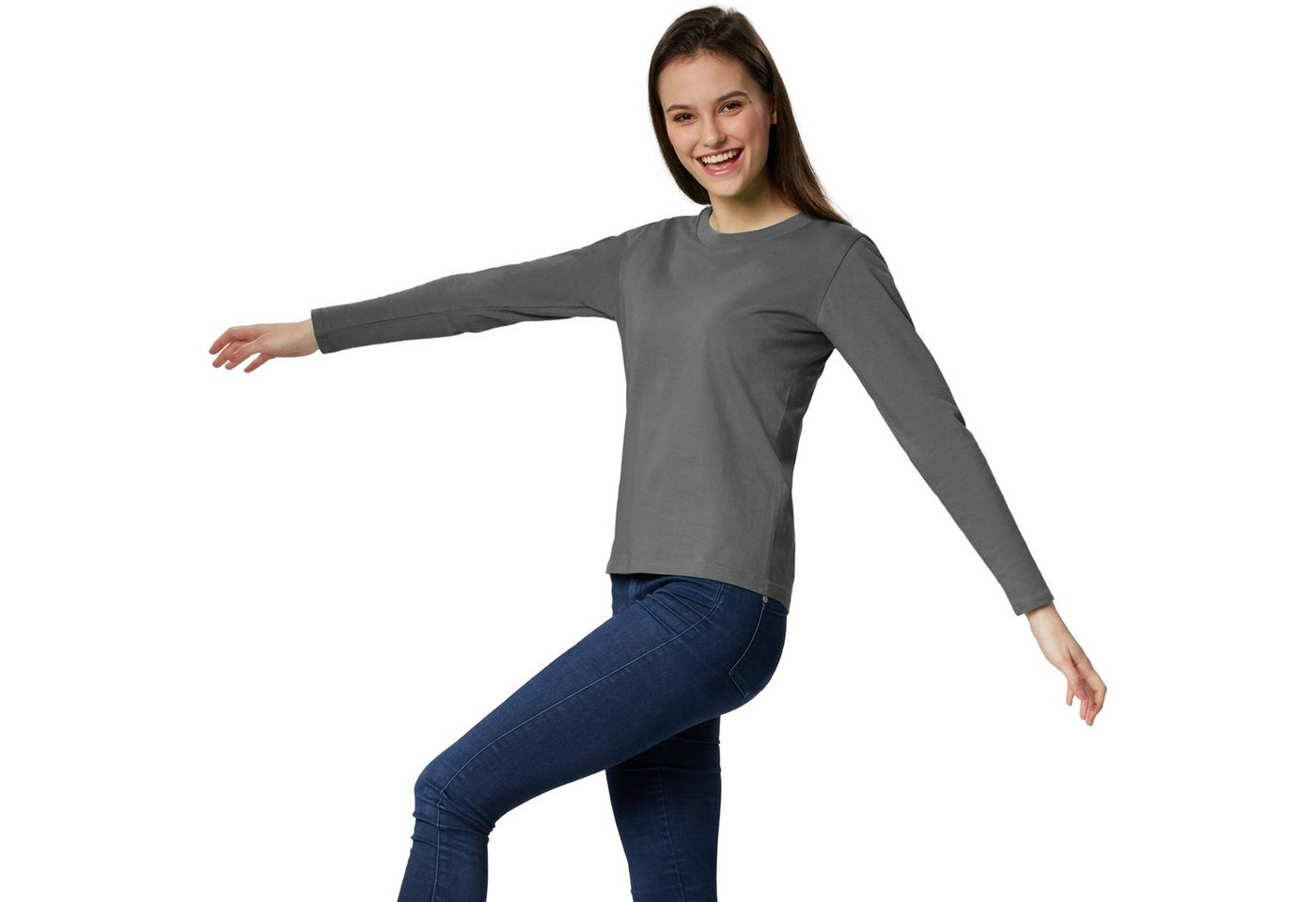 dressforfun Langarmshirt Langarmtop, Für viele Outfits & Auftritte, Rundhals mit (Ärmelshirt, Konfektionsgröße S in grau) Einfarbiges Langarm-Shirt für Frauen, Fester Stoff, hoher Tragekomfort
