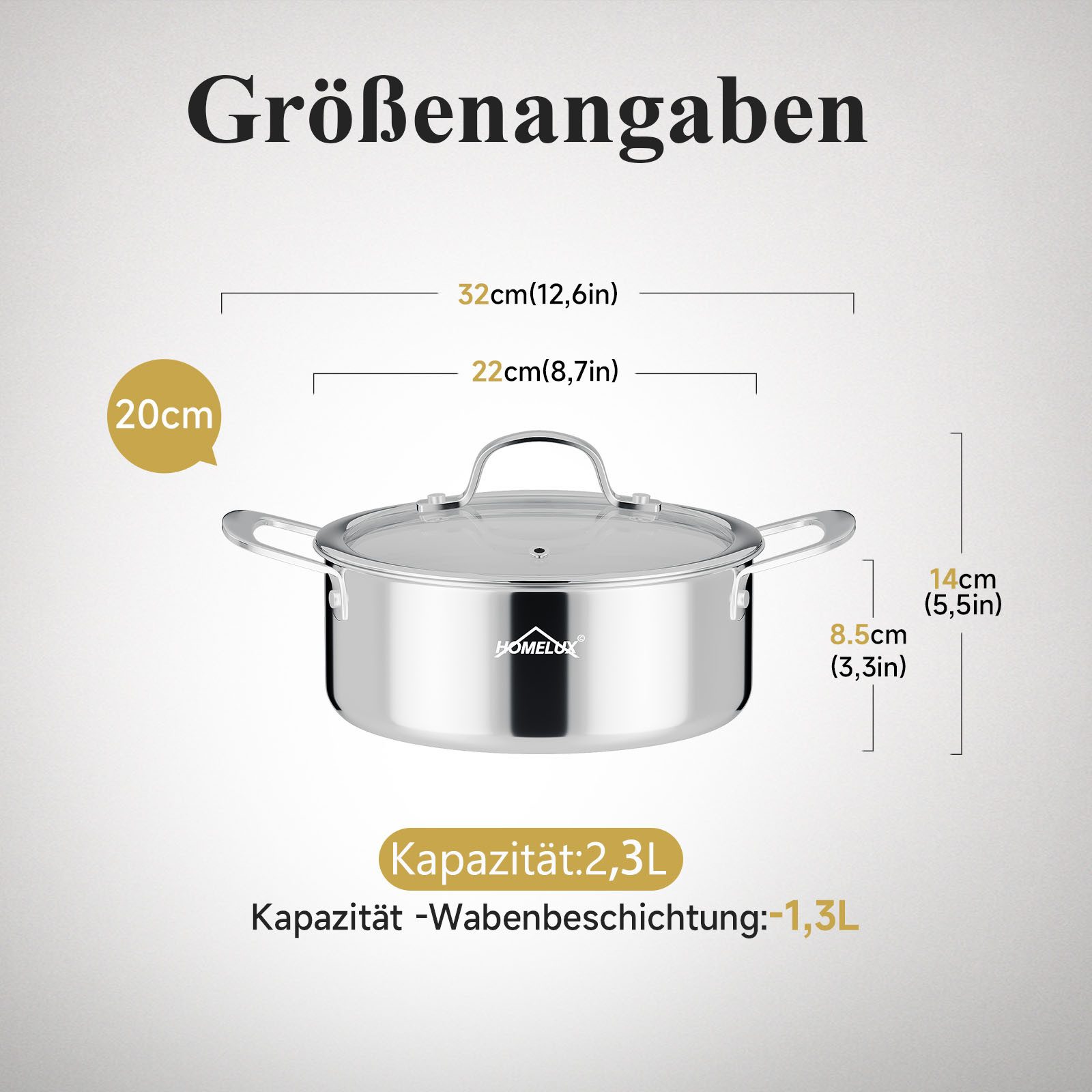 HOMELUX Suppentopf Edelstahl Kochtopf,Wabenstruktur Suppentopf Induktion,Backofengeeignet, Edelstahl (1 x 20cm 2,3L Edelstahl Kochtopf), Induktion