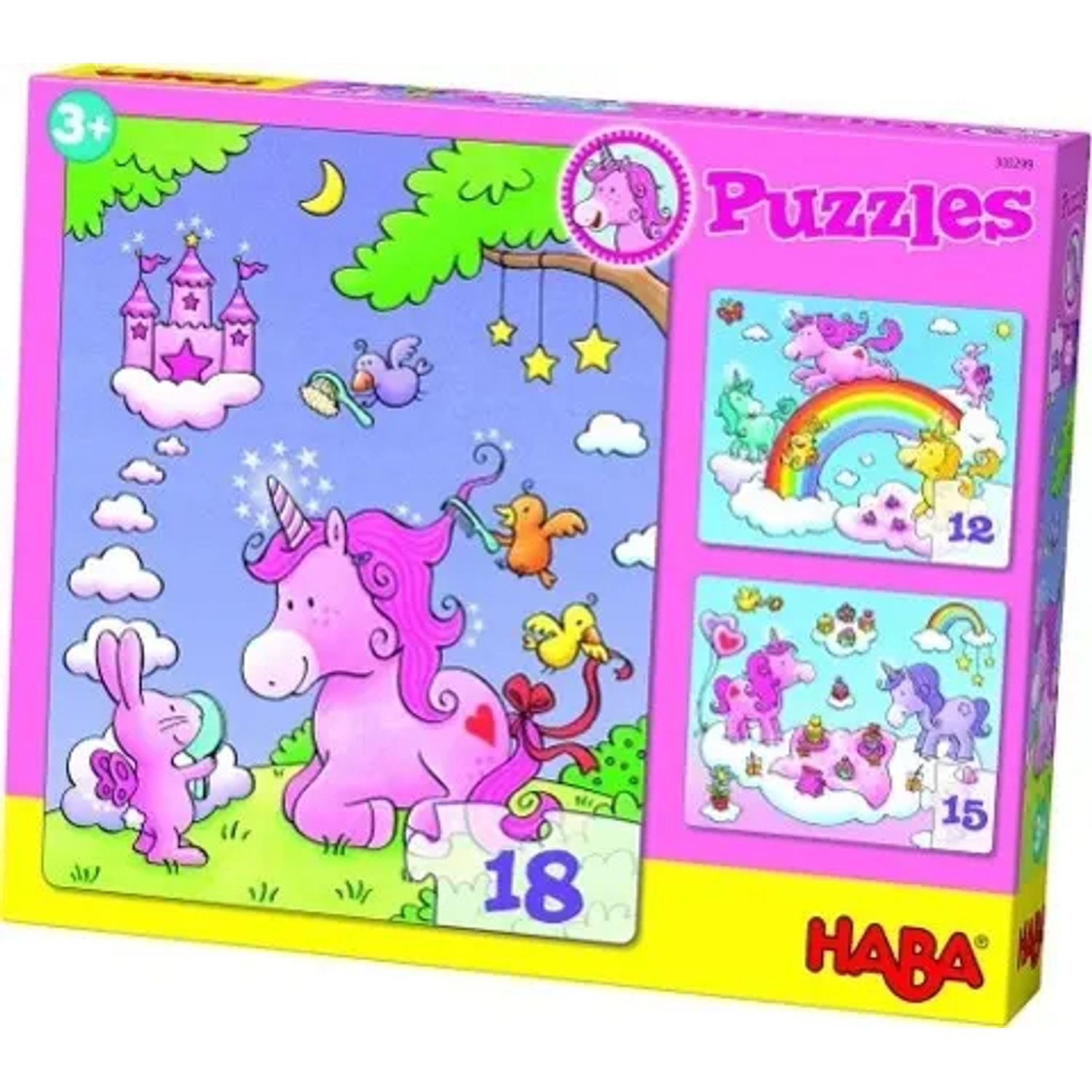 Puzzle Puzzles Einhorn Glitzerglück. 3 Motive 12, 15, 18 Teile, 18 Puzzleteile