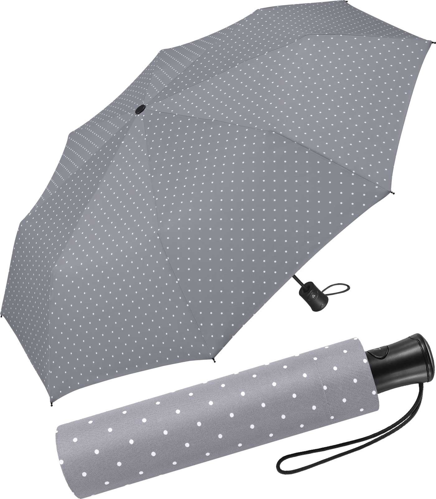 HAPPY RAIN Taschenregenschirm schöner Regenschirm mit Auf-Automatik für Damen, in vielen Farben mit kleinen Punkten - grau hellblau