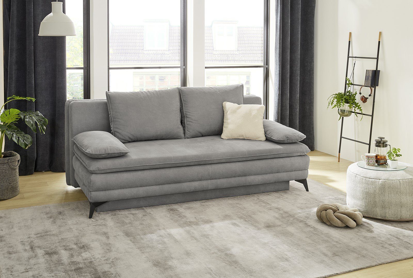 luma-home Schlafsofa 15157, Dauerschläfer mit Bettkasten B202/T105/H90 cm, Liegefläche 158x199 cm, Wellenunterfederung, integrierter Topper, Mikrofaser Hellgrau