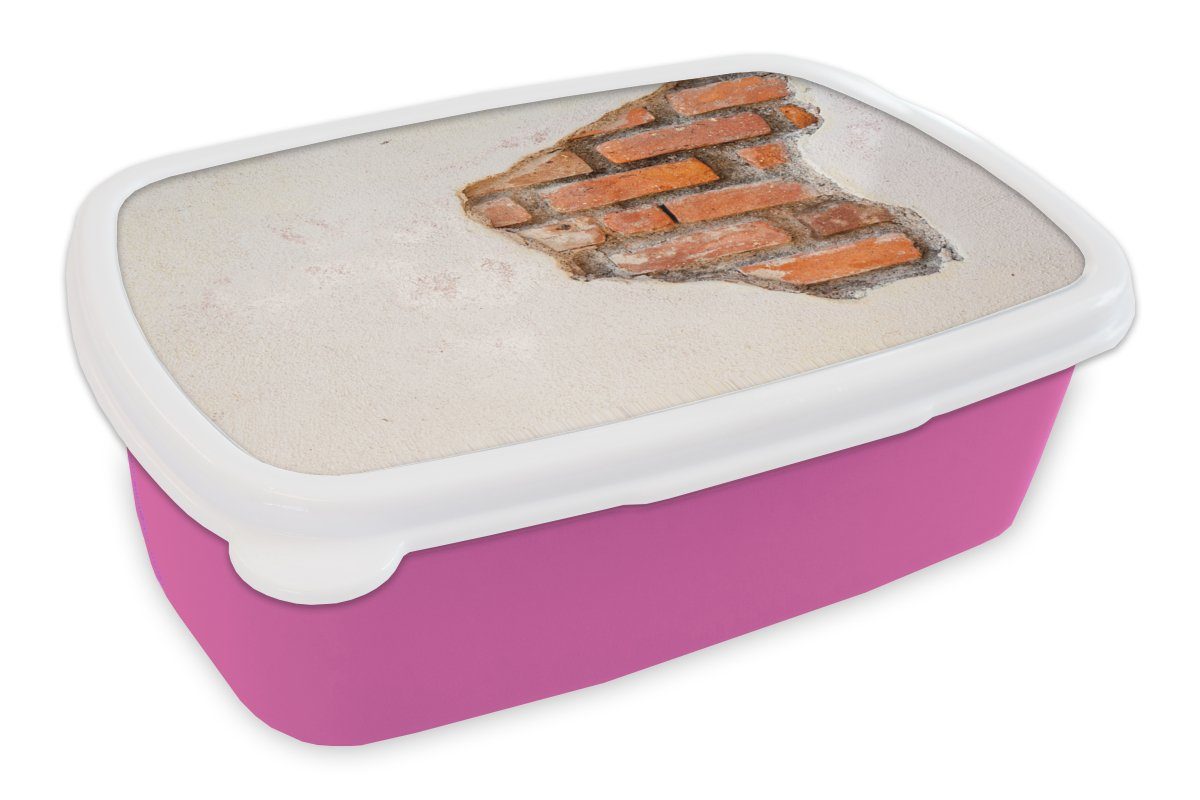 MuchoWow Lunchbox Gips - Ziegel - Wand - braun, Kunststoff, (2-tlg), Brotbox für Erwachsene, Brotdose Kinder, Snackbox, Mädchen, Kunststoff rosa