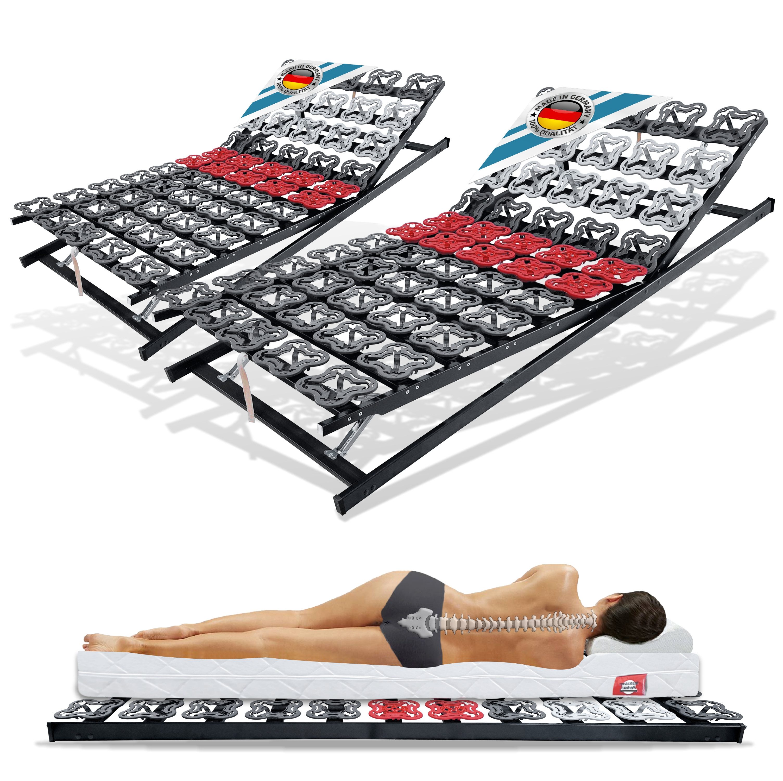 Tellerlattenrost anpassungsfähiger T-Flex, KF Lattenrost de Luxe bis 300 KG Tragkraft, Matratzen Perfekt, Kopfteil VERSTELLBAR, Fußteil VERSTELLBAR, Tellermodule im Hüftbereich verstellbar