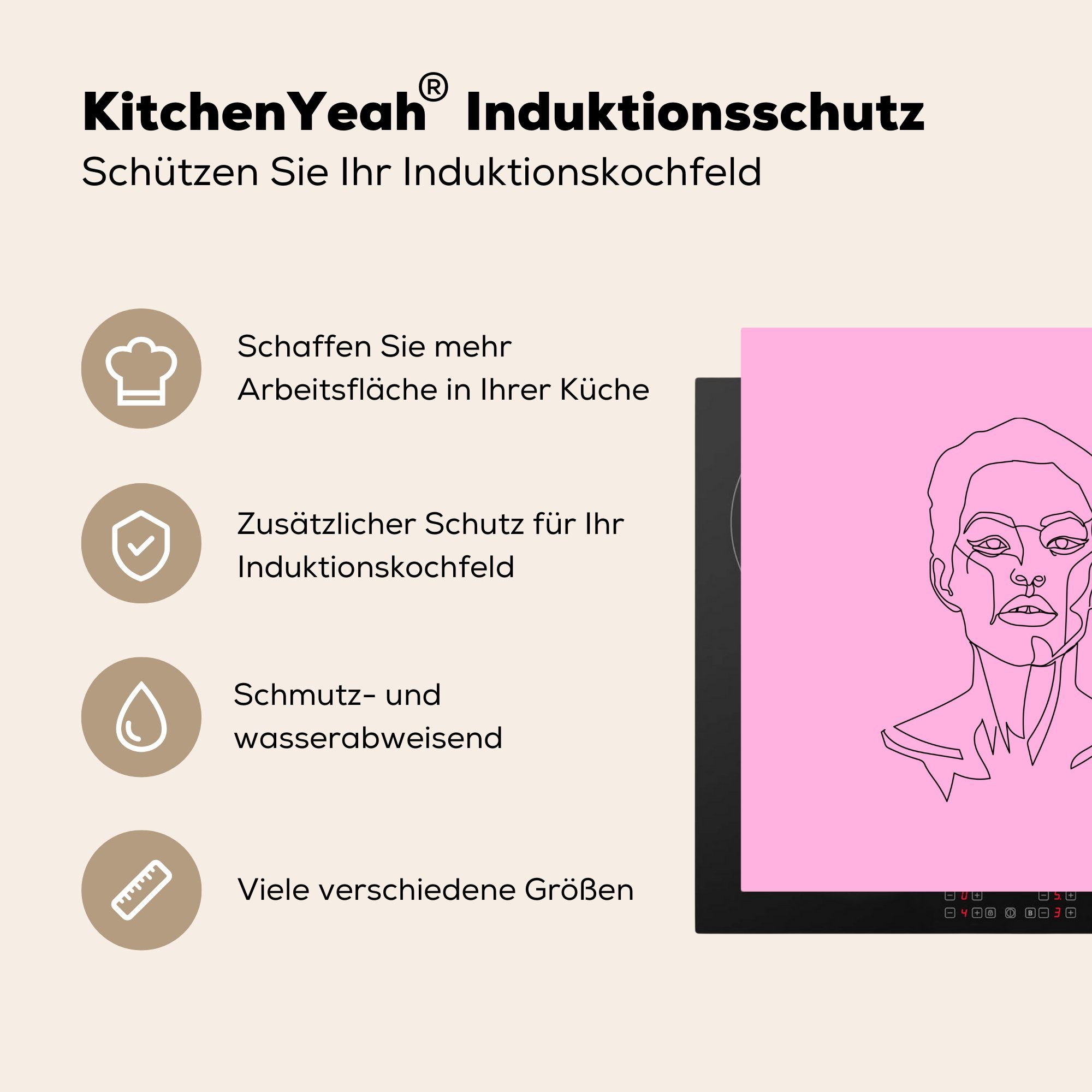 für Strichzeichnung, Gesicht 78x78 Ceranfeldabdeckung, Vinyl, Rosa Arbeitsplatte tlg), MuchoWow - - (1 küche cm, Frau - Herdblende-/Abdeckplatte