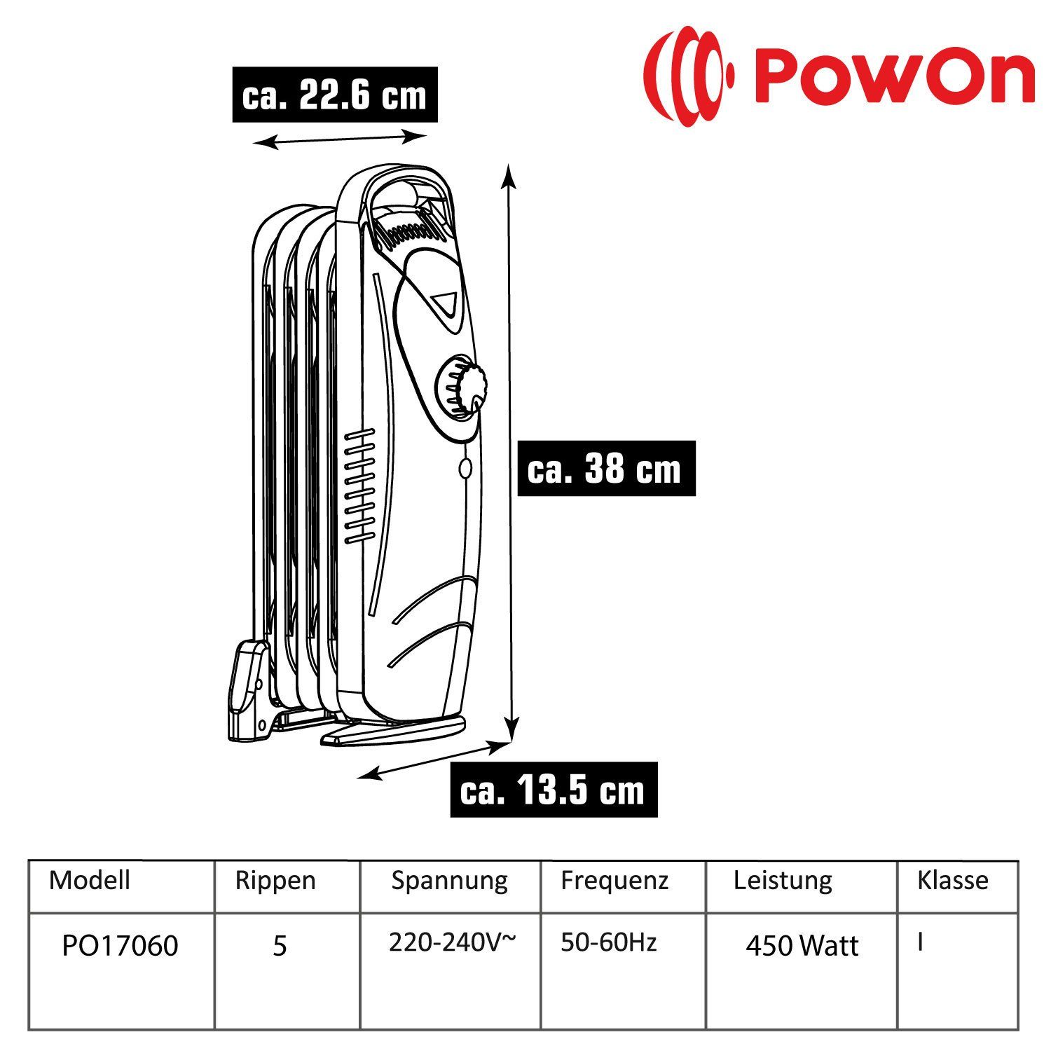 Heizkörper Ölradiator PowOn Energiesparend Radiator Rippen 450W Ölradiator ca.23x14x38cm 5 elektrisch,