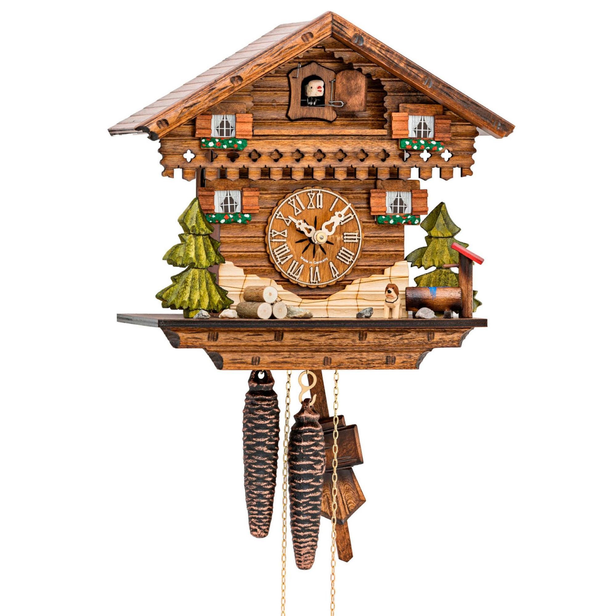 Cuco Clock Pendelwanduhr Kuckucksuhr Schwarzwalduhr "Schwarzwaldhäuschen" Wanduhr aus Holz (17 x 27 x 27cm, 1 - Tage Werk, manuelle Nachtabschaltung)