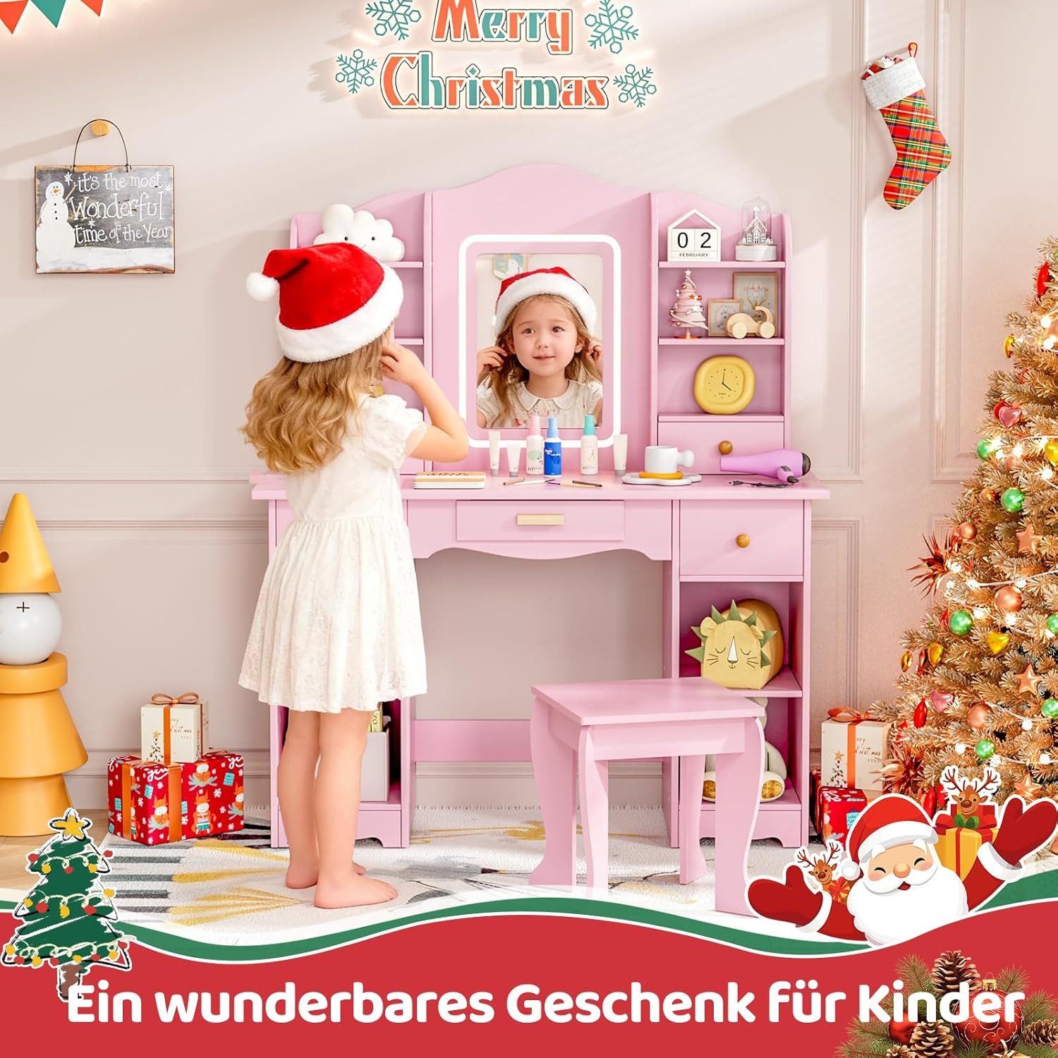 TLGREEN Schminktisch LED-beleuchteter Schminktisch für Mädchen mit Spiegel (Kinderschminktisch, 95cm großer Stauraum Schreibtisch Kinder, 5 Schubladen Spieltisch mit Beleuchtung und Sicherheitsacrylspiegel), Geschenk für Mädchen Geburtstag Weihnachten