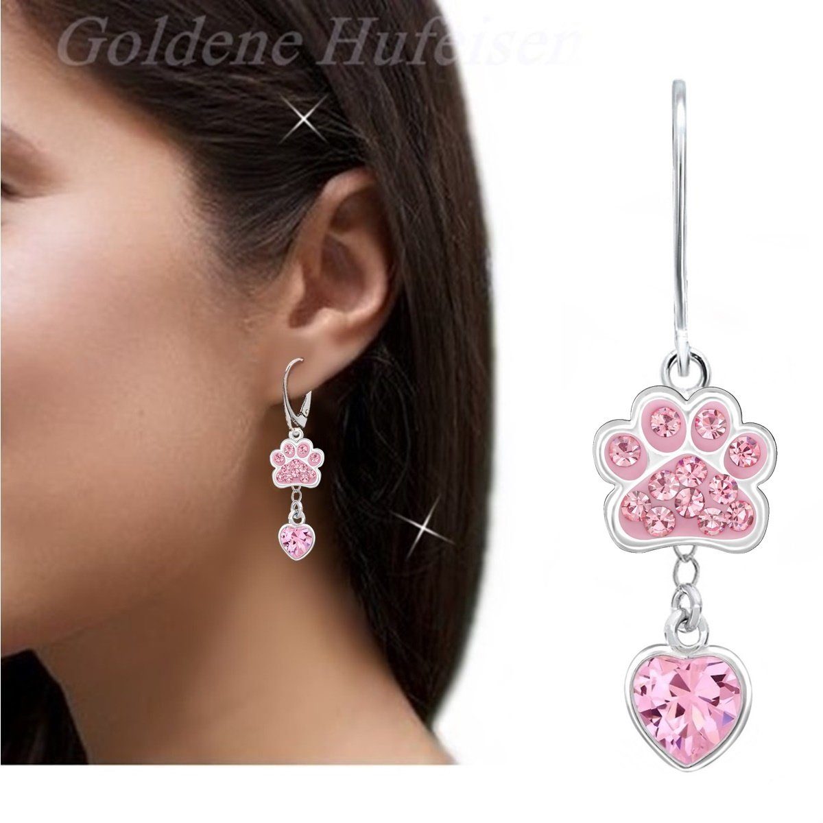 Goldene Hufeisen Paar Ohrhänger Pfoten mit Rosa Herz Zirkonia Ohrringe 925 Silber (1 Paar, inkl. Etui) – Bild 2 von 4