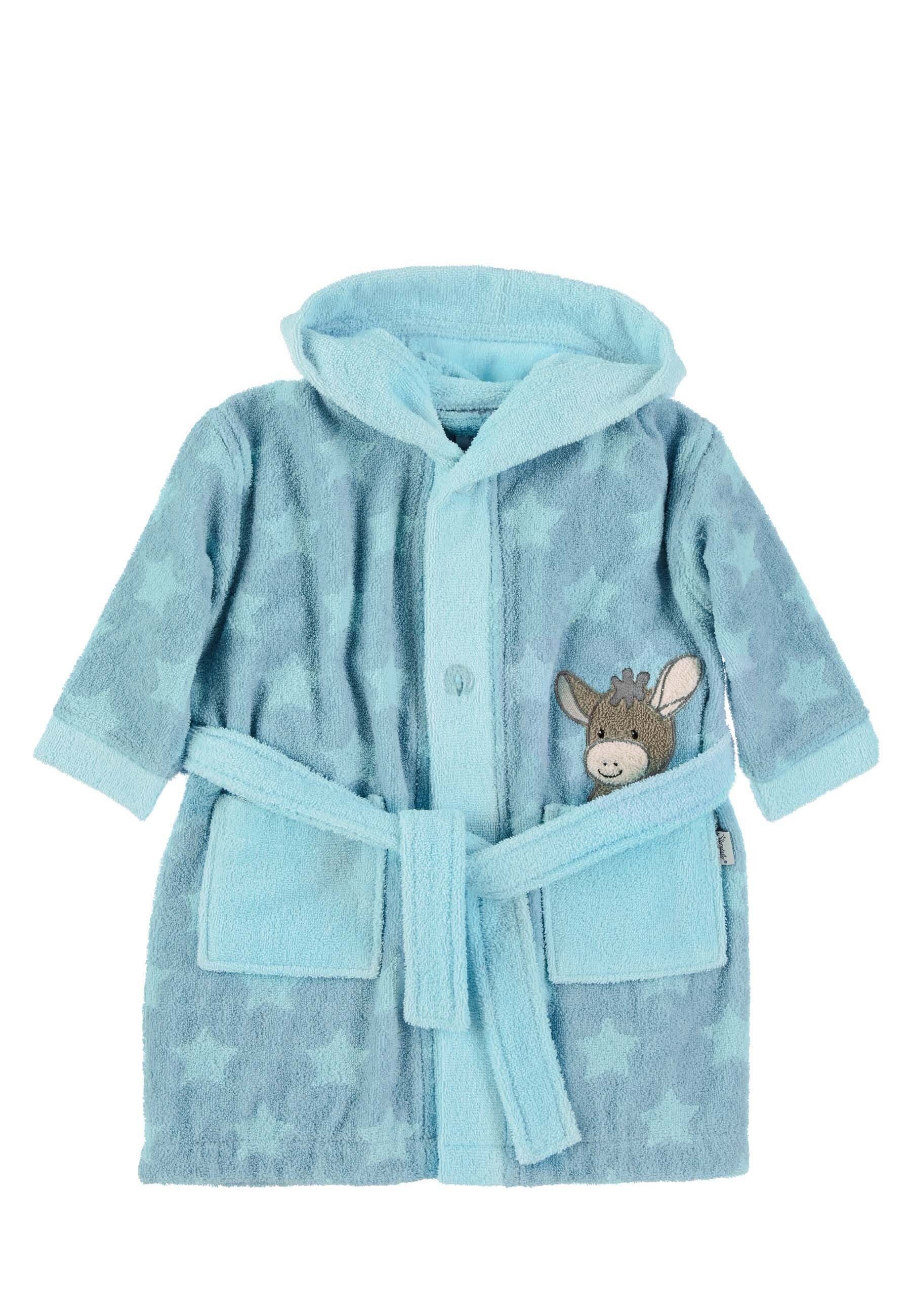 Sterntaler® Babybademantel Bademantel ESEL Emmi, lange Arme, 100 % Baumwolle, aus saugfähiger Baumwolle, mit Kapuze und aufgesetzten Taschen, Knöpfe, Babybademantel aus Frottee mit Kapuze, Taschen, Gürtel und Stickmotiv