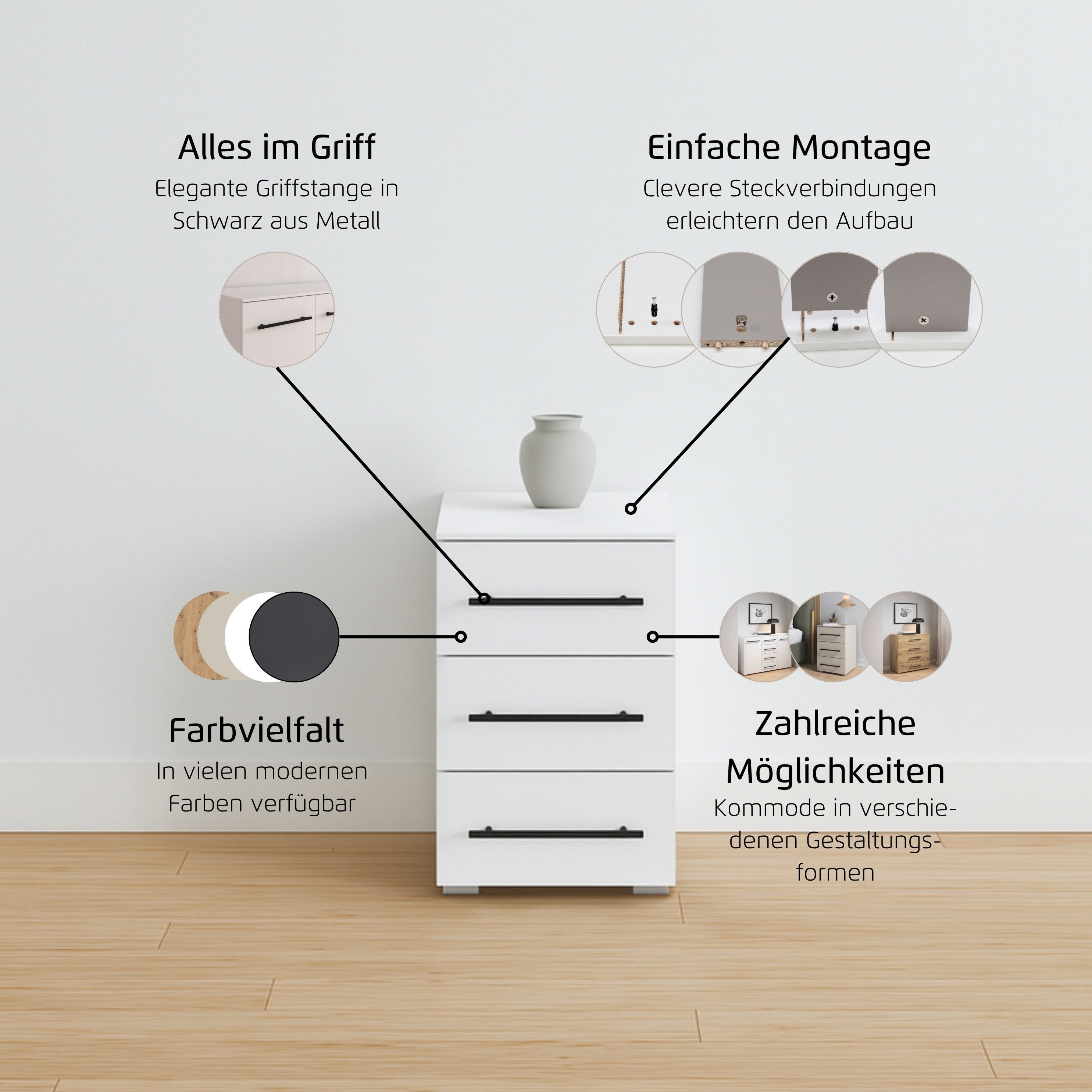 OTTO home Nachtkommode Nachttisch Nachtschrank Schubladen Sideboard Schubladenkommode AVOLA (Breite 40 cm inkl. SOFT-CLOSE-FUNKTION mit Dekorfront), mit 3 geräu – Bild 4 von 5